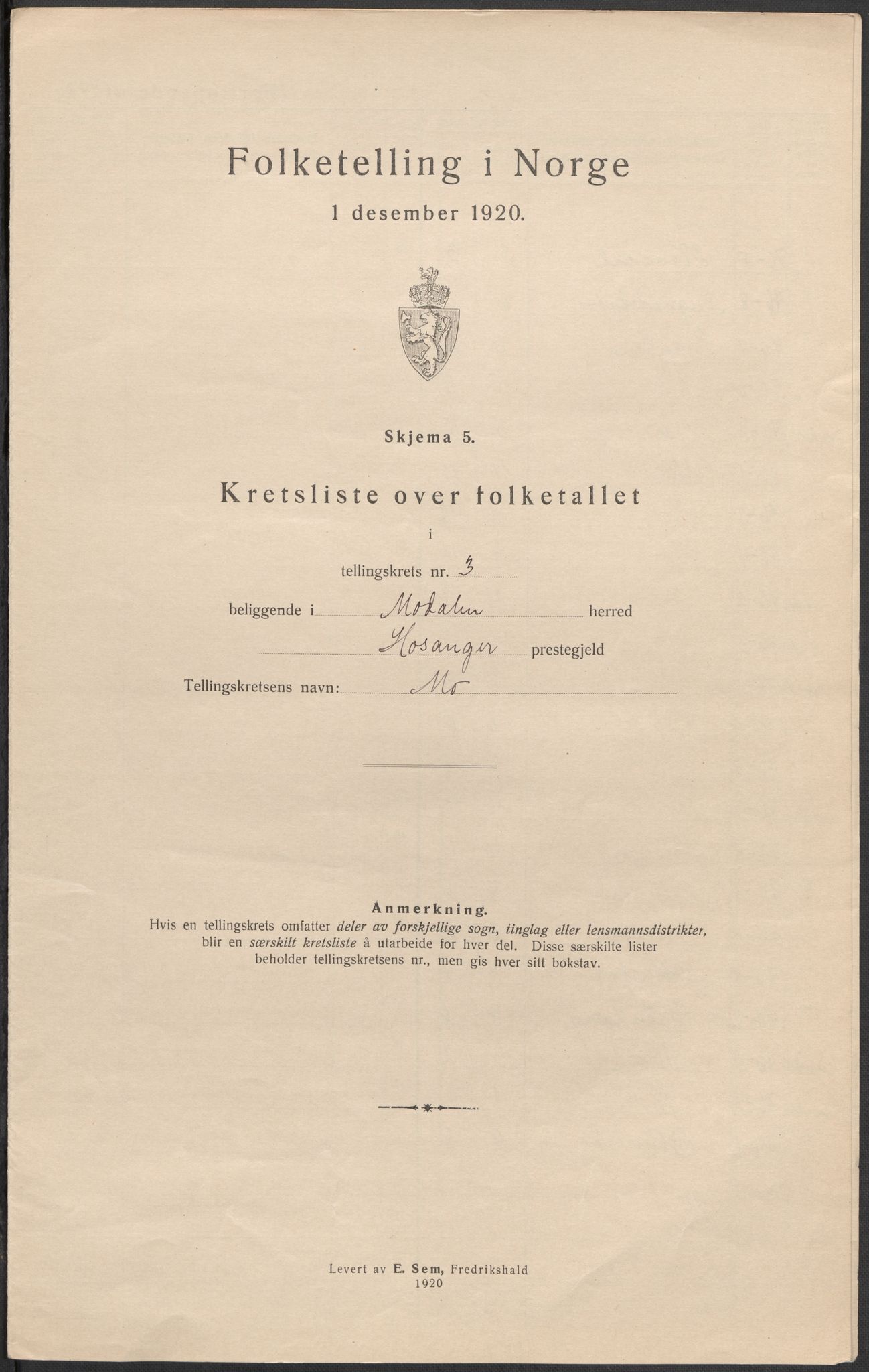 SAB, 1920 census for Modalen, 1920, p. 10