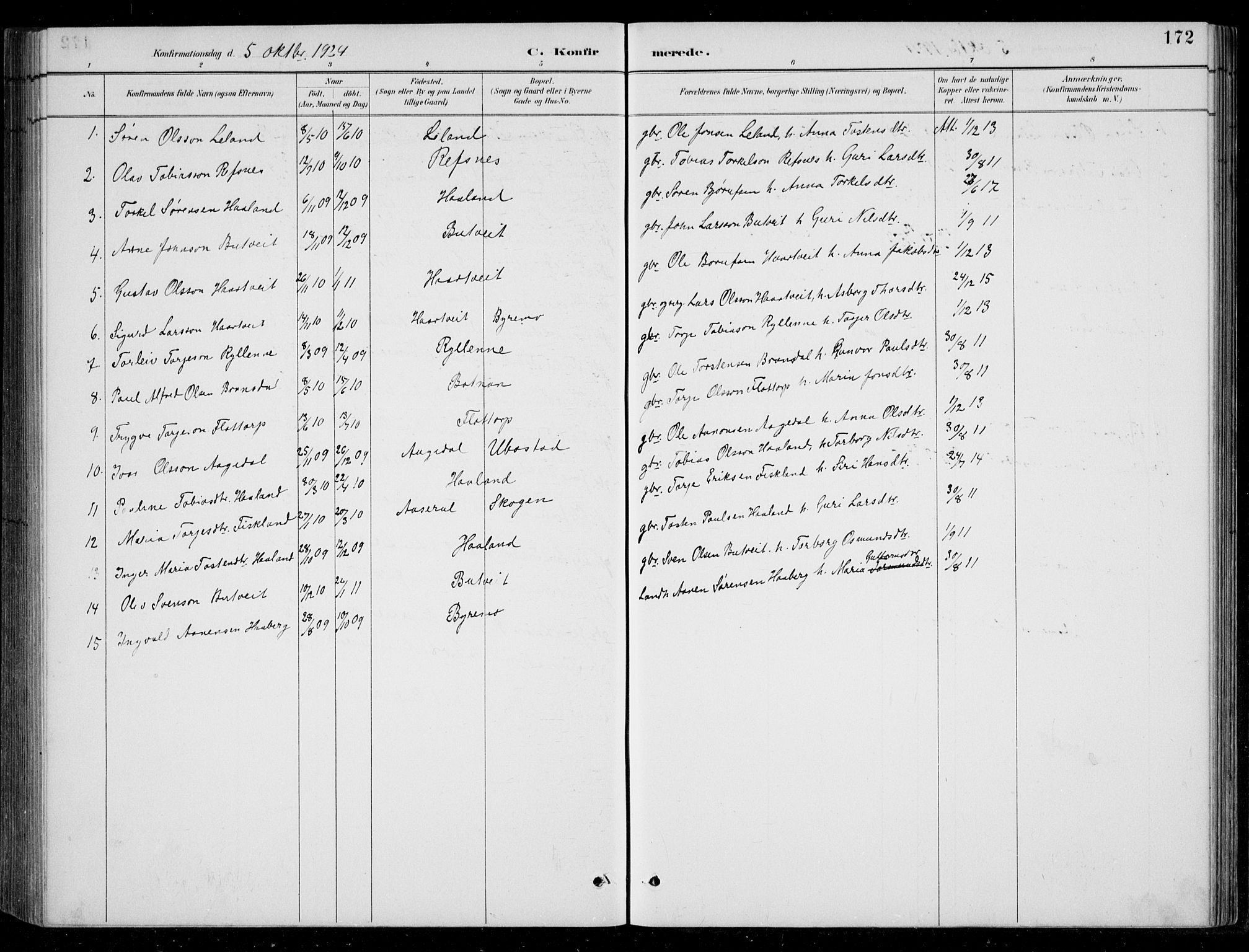 Bjelland sokneprestkontor, SAK/1111-0005/F/Fb/Fbc/L0003: Parish register (copy) no. B 3, 1887-1924, p. 172