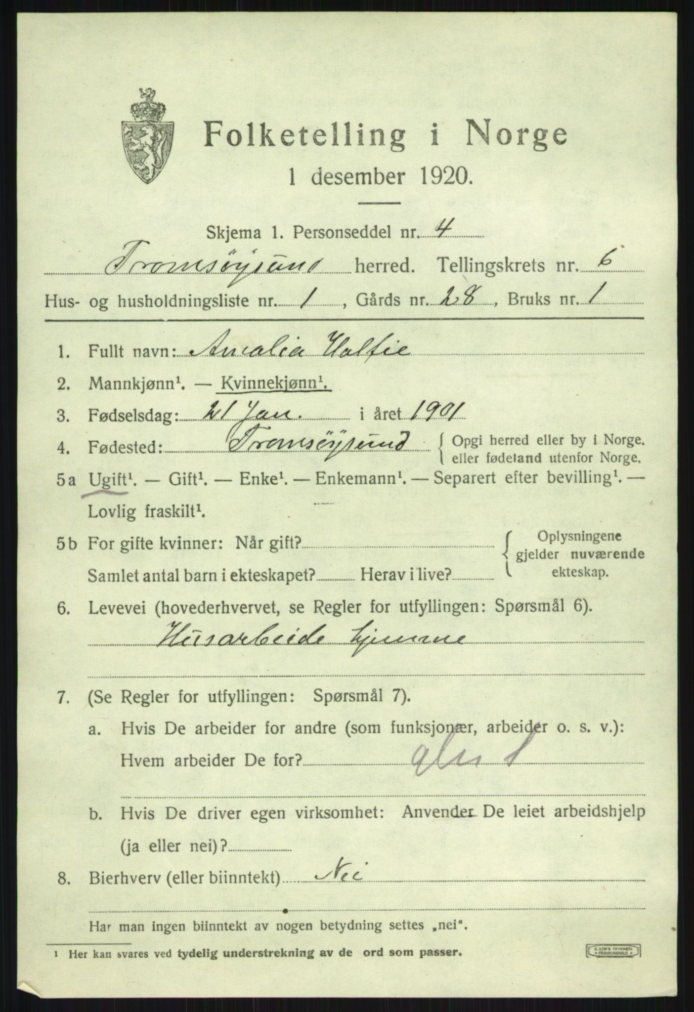 SATØ, 1920 census for Tromsøysund, 1920, p. 4990