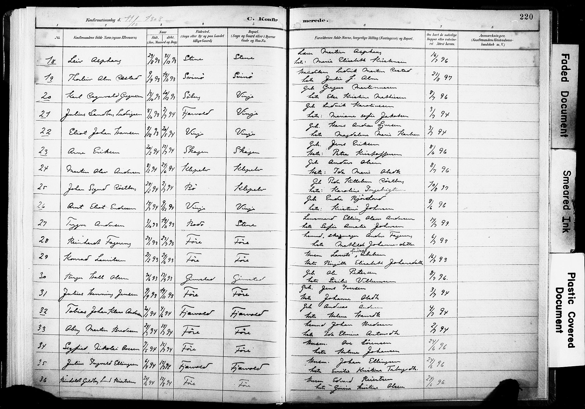 Ministerialprotokoller, klokkerbøker og fødselsregistre - Nordland, AV/SAT-A-1459/891/L1304: Parish register (official) no. 891A09, 1895-1921, p. 220