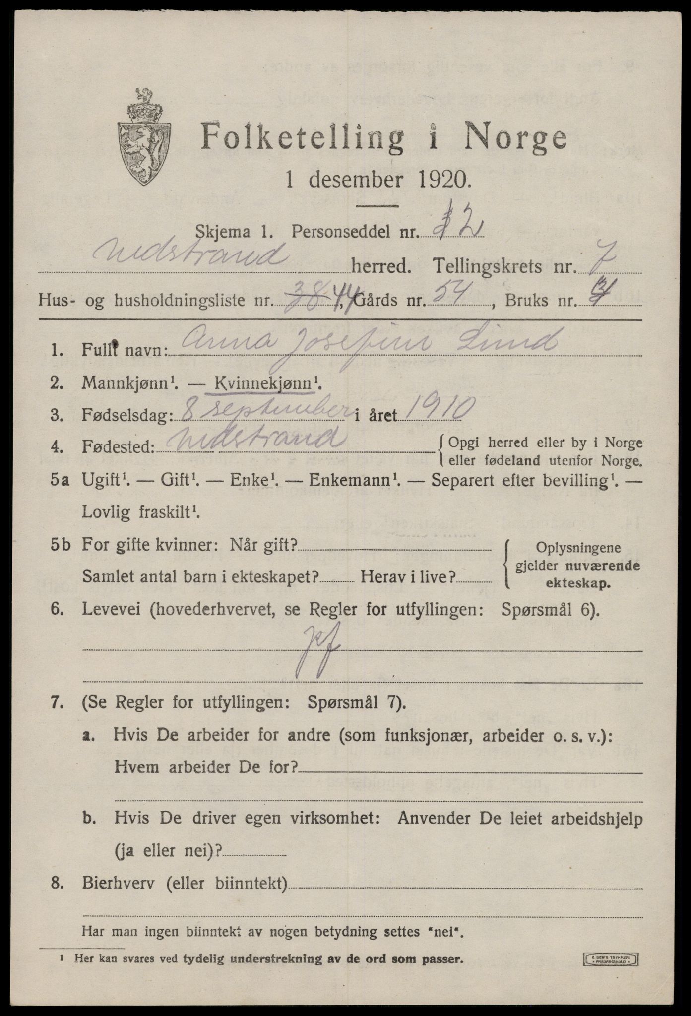 SAST, 1920 census for Nedstrand, 1920, p. 2909