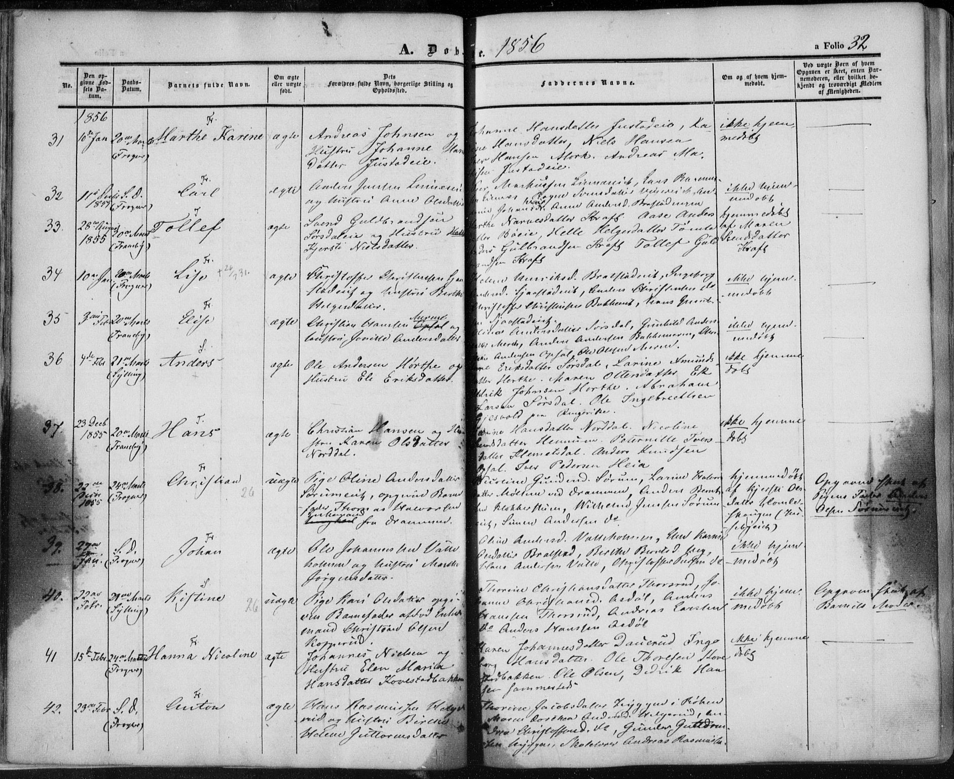 Lier kirkebøker, SAKO/A-230/F/Fa/L0012: Parish register (official) no. I 12, 1854-1864, p. 32