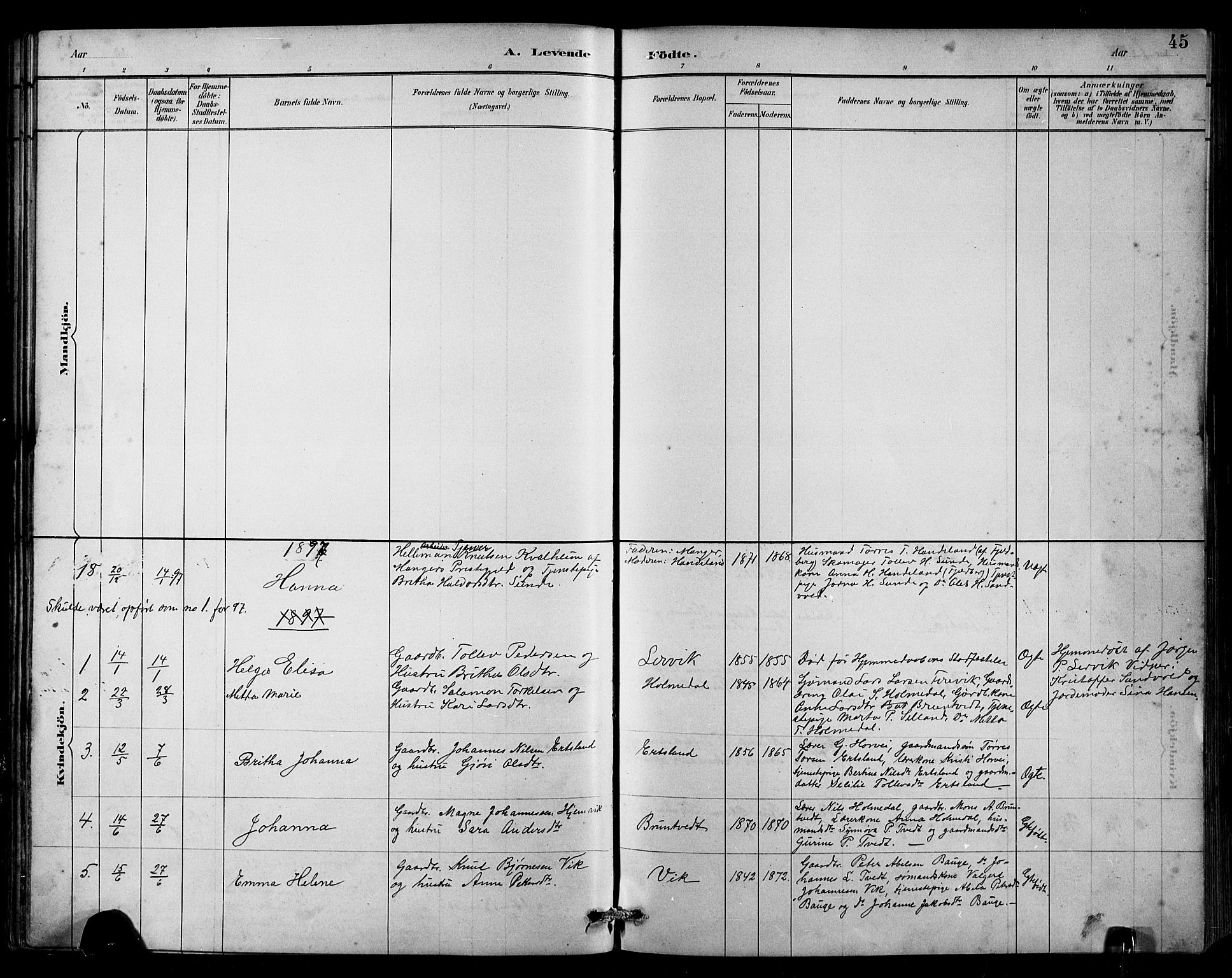 Husnes Sokneprestembete, SAB/A-75901/H/Hab: Parish register (copy) no. B 2, 1884-1914, p. 45