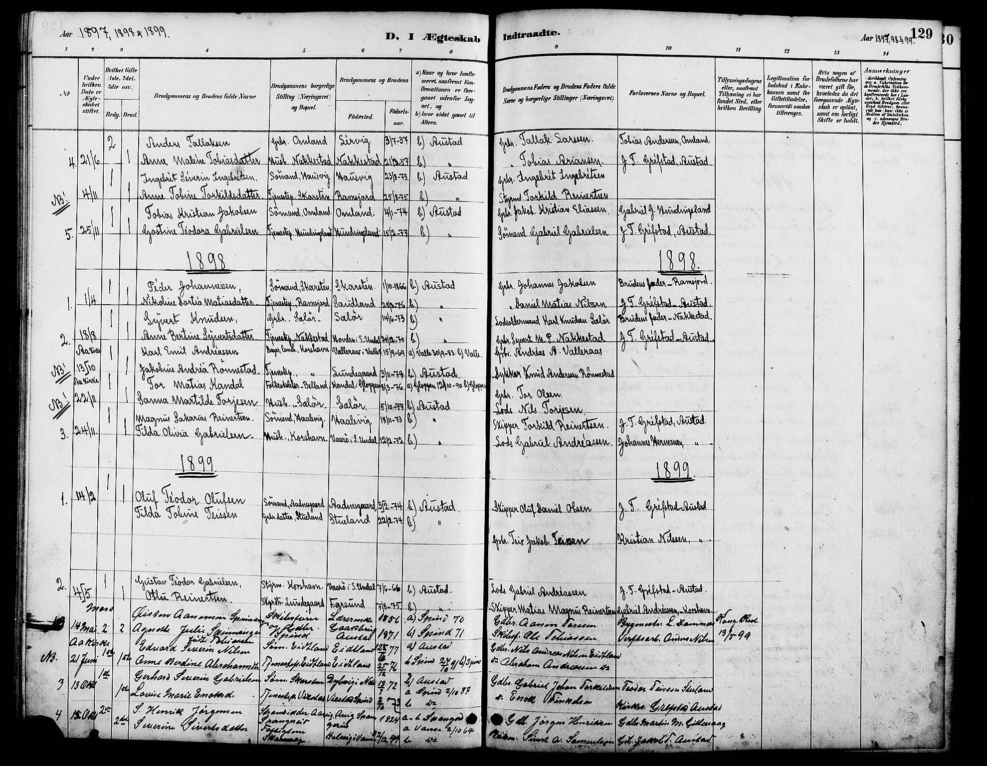 Lyngdal sokneprestkontor, SAK/1111-0029/F/Fb/Fba/L0003: Parish register (copy) no. B 3, 1886-1903, p. 129