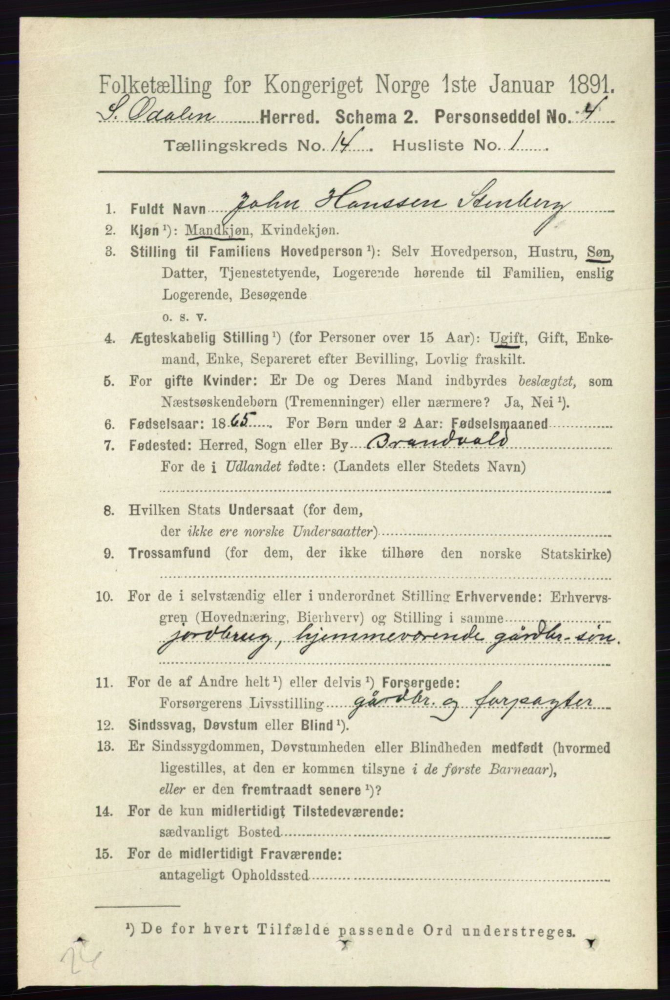 RA, 1891 census for 0419 Sør-Odal, 1891, p. 5988