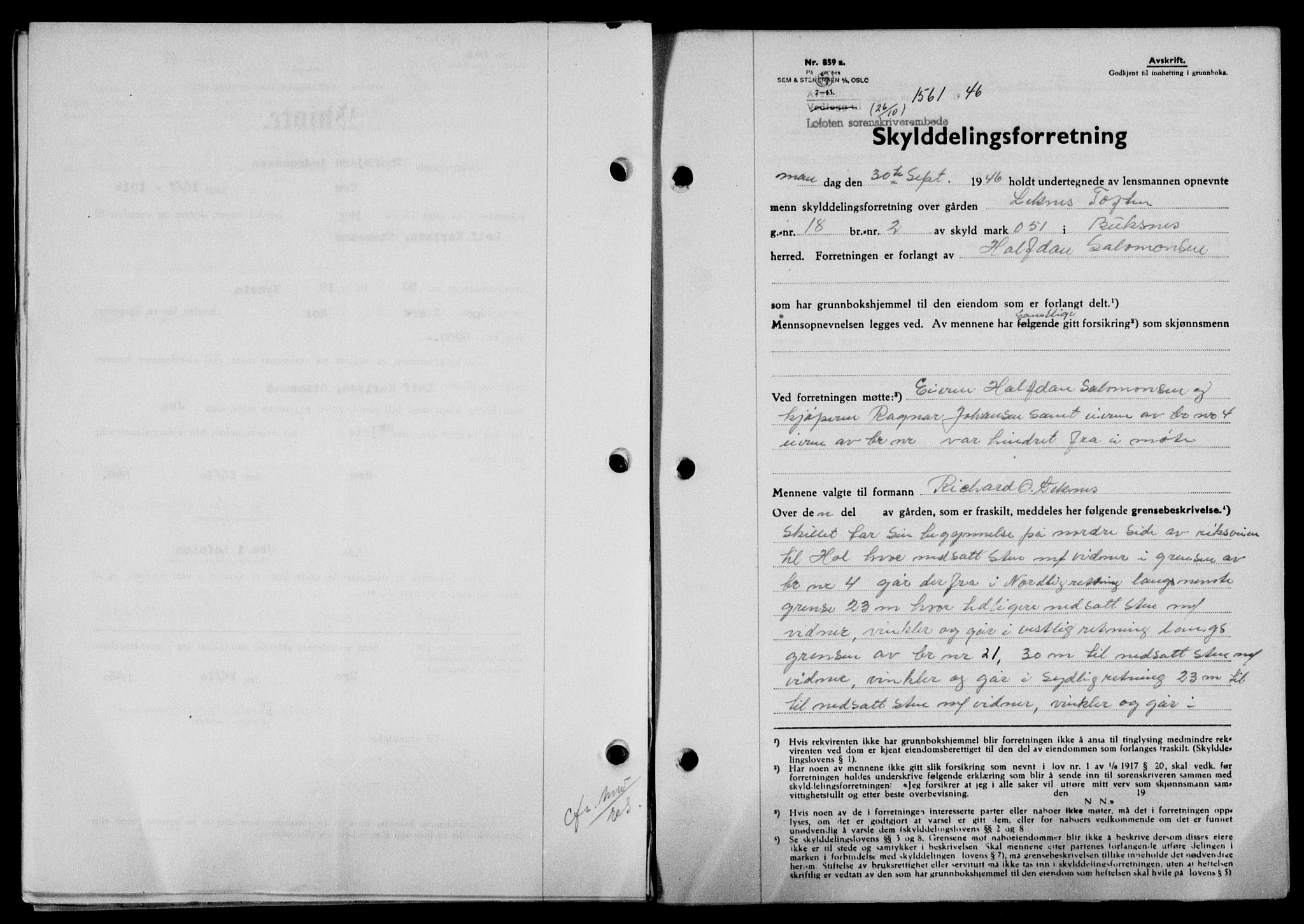 Lofoten sorenskriveri, SAT/A-0017/1/2/2C/L0014a: Mortgage book no. 14a, 1946-1946, Diary no: : 1561/1946