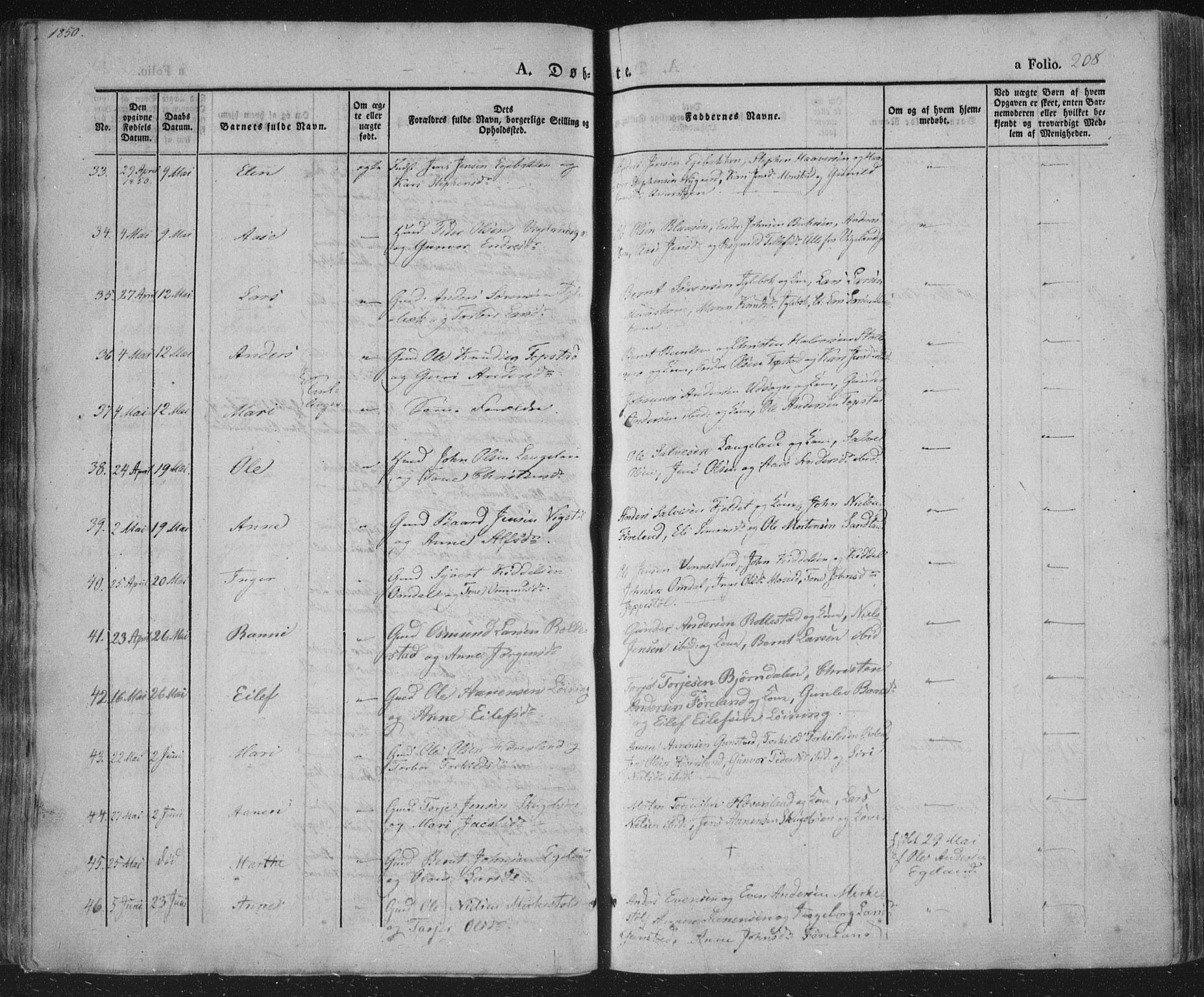 Vennesla sokneprestkontor, AV/SAK-1111-0045/Fa/Fac/L0004: Parish register (official) no. A 4, 1834-1855, p. 208