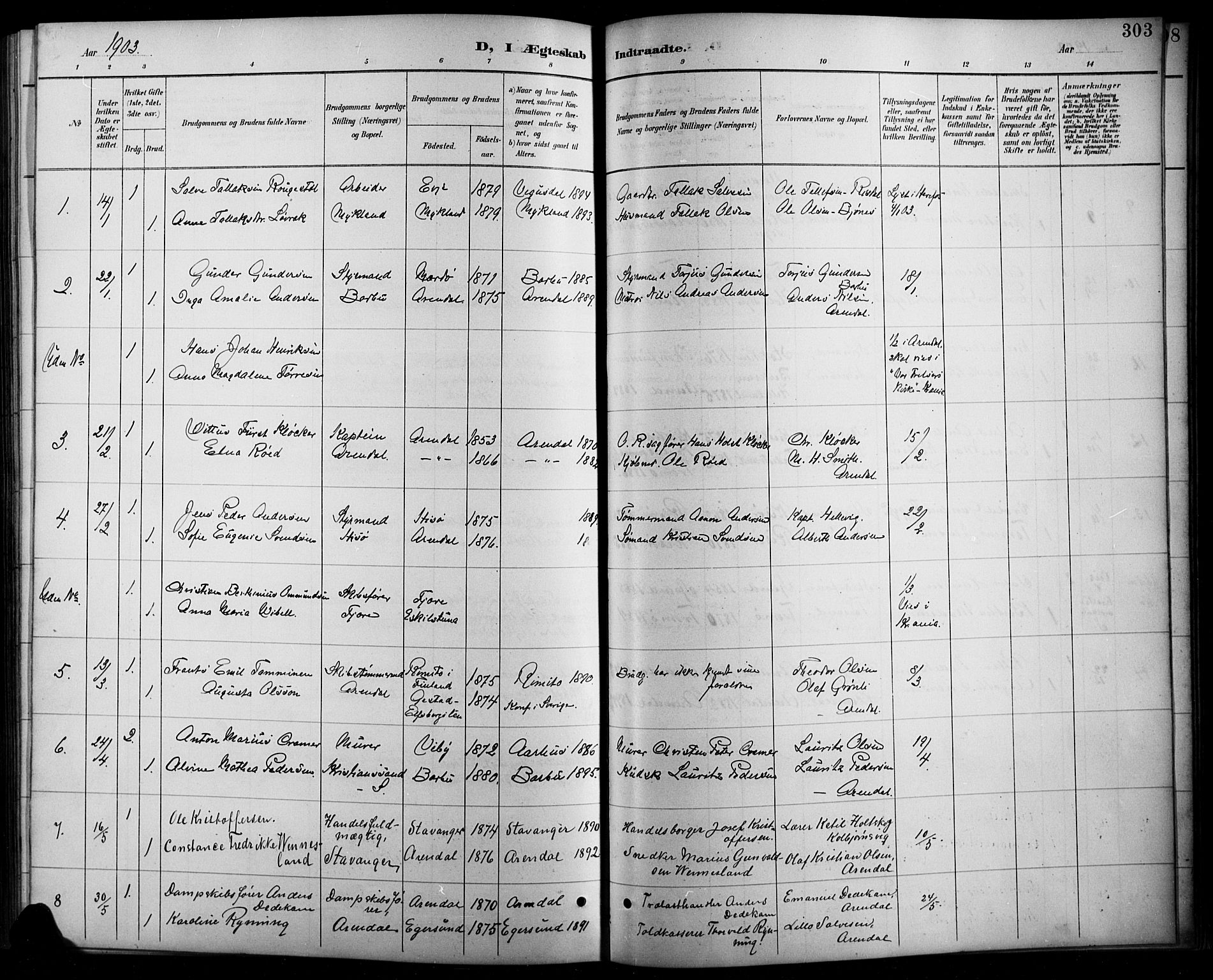 Arendal sokneprestkontor, Trefoldighet, SAK/1111-0040/F/Fb/L0006: Parish register (copy) no. B 6, 1889-1916, p. 303