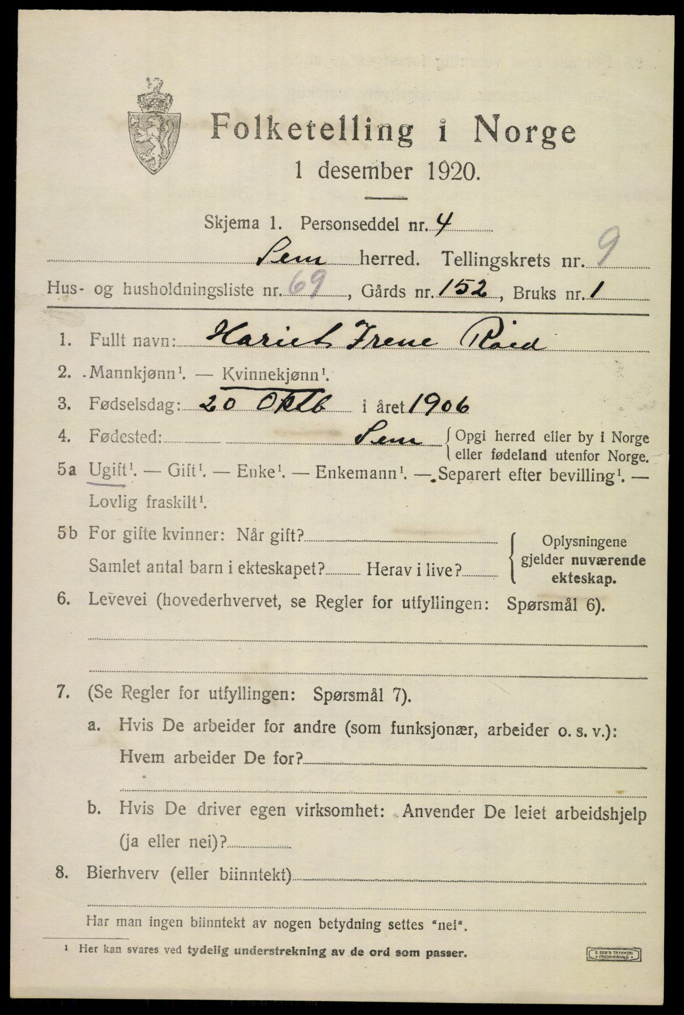 SAKO, 1920 census for Sem, 1920, p. 13367
