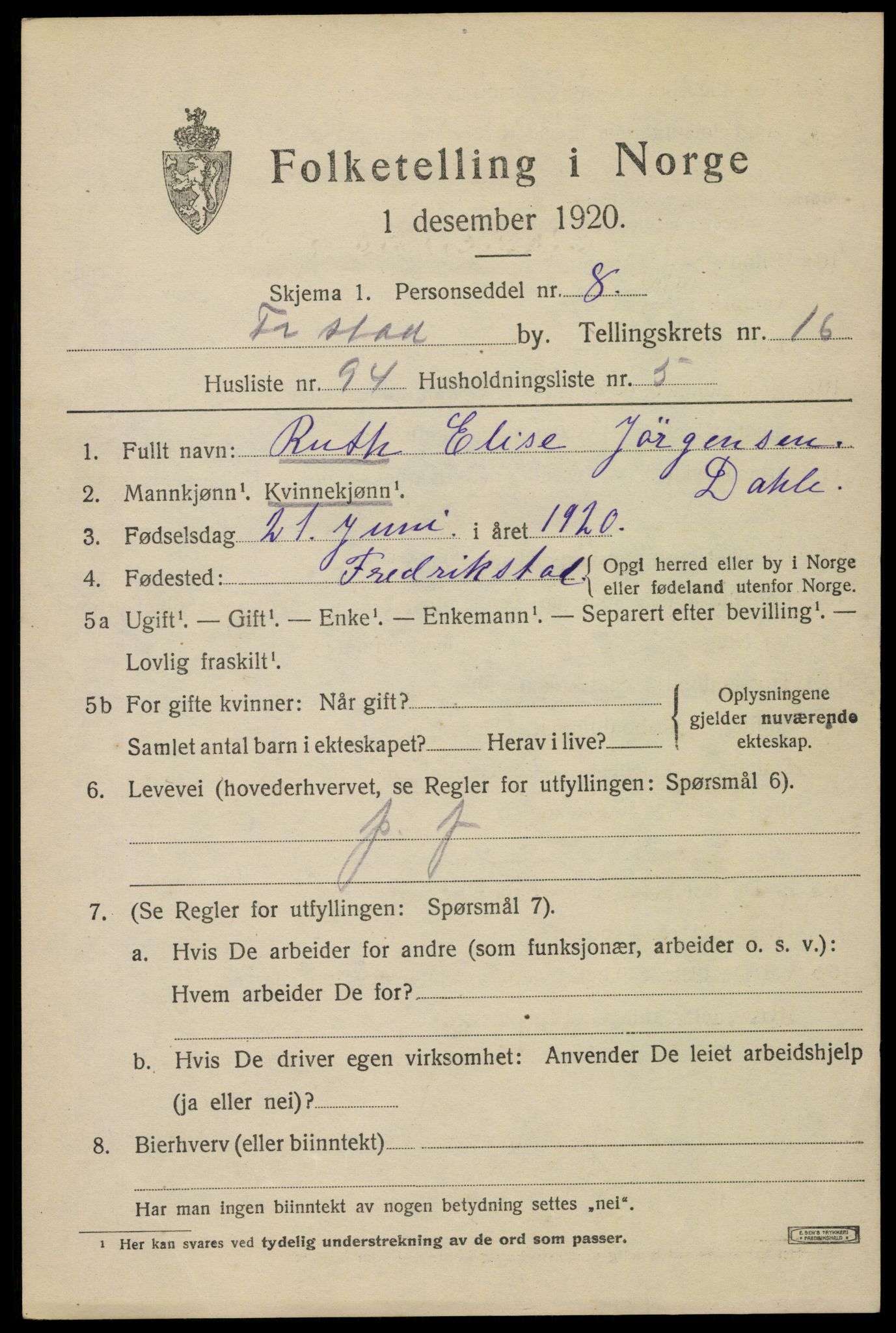 SAO, 1920 census for Fredrikstad, 1920, p. 38919