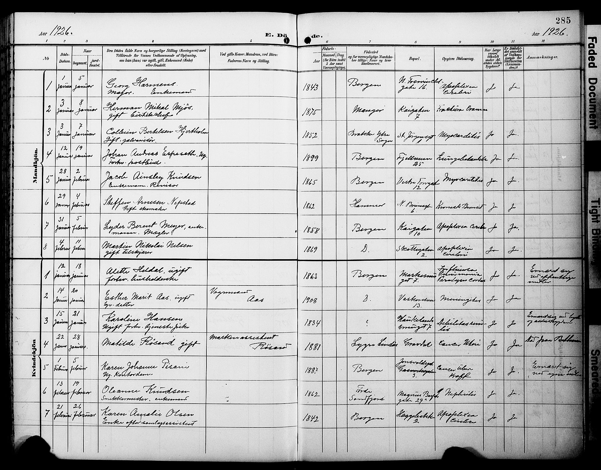 Domkirken sokneprestembete, SAB/A-74801/H/Hab/L0042: Parish register (copy) no. E 6, 1900-1929, p. 285