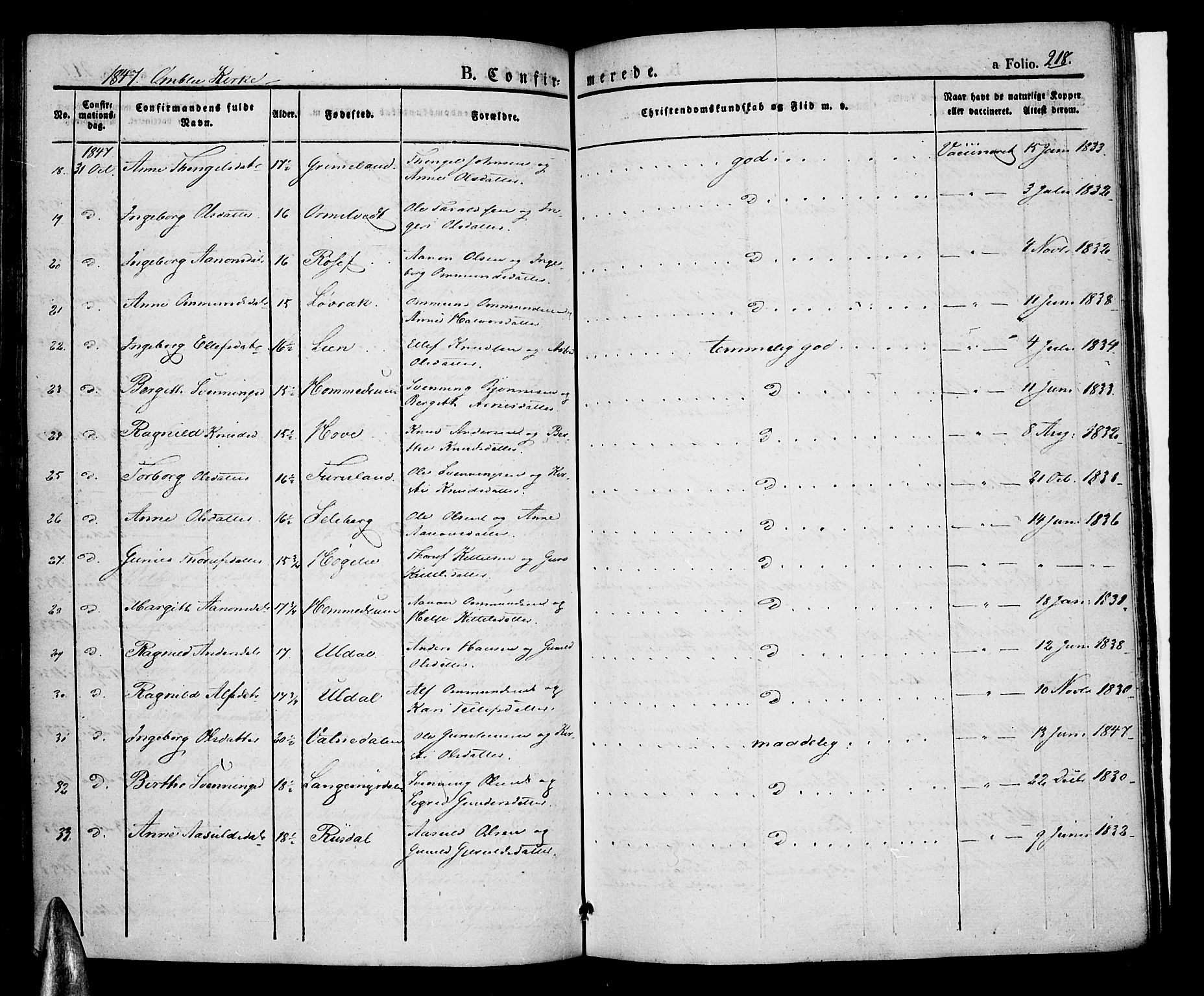 Åmli sokneprestkontor, AV/SAK-1111-0050/F/Fa/Fac/L0007: Parish register (official) no. A 7 /1, 1829-1851, p. 218