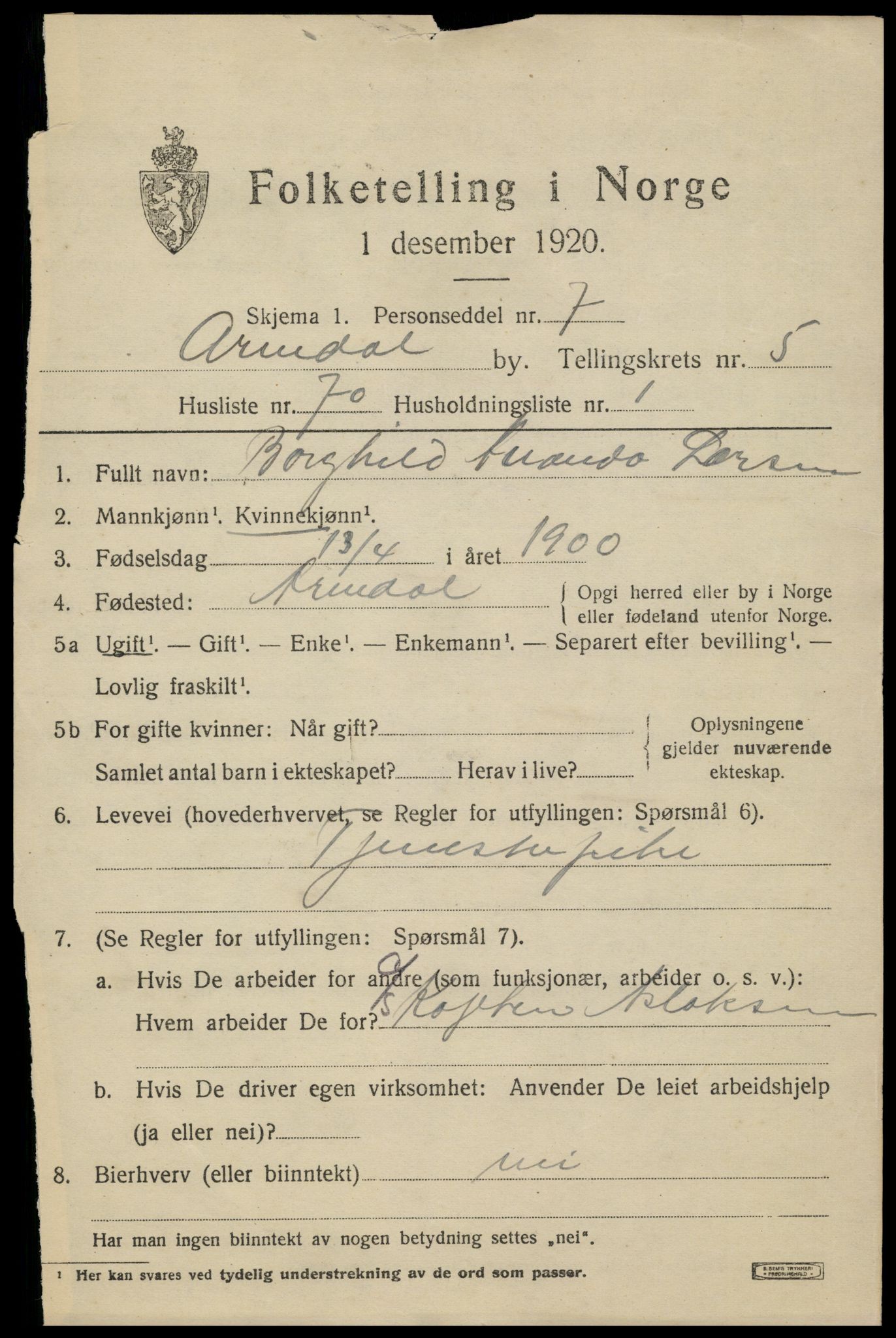 SAK, 1920 census for Arendal, 1920, p. 13544