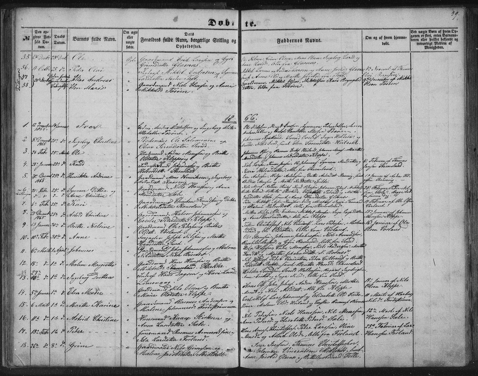 Sund sokneprestembete, SAB/A-99930: Parish register (copy) no. B 1, 1852-1873, p. 39