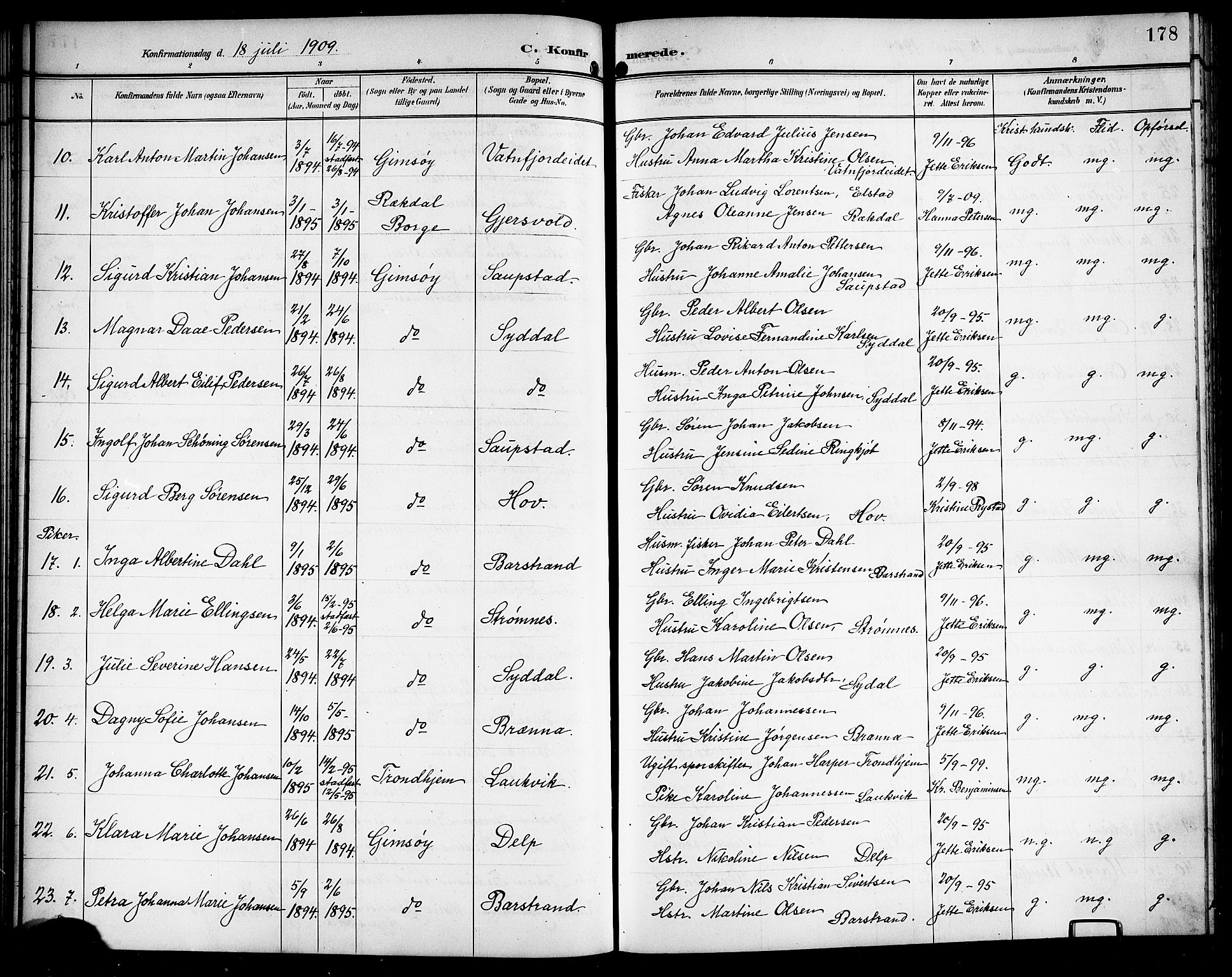 Ministerialprotokoller, klokkerbøker og fødselsregistre - Nordland, AV/SAT-A-1459/876/L1105: Parish register (copy) no. 876C04, 1896-1914, p. 178