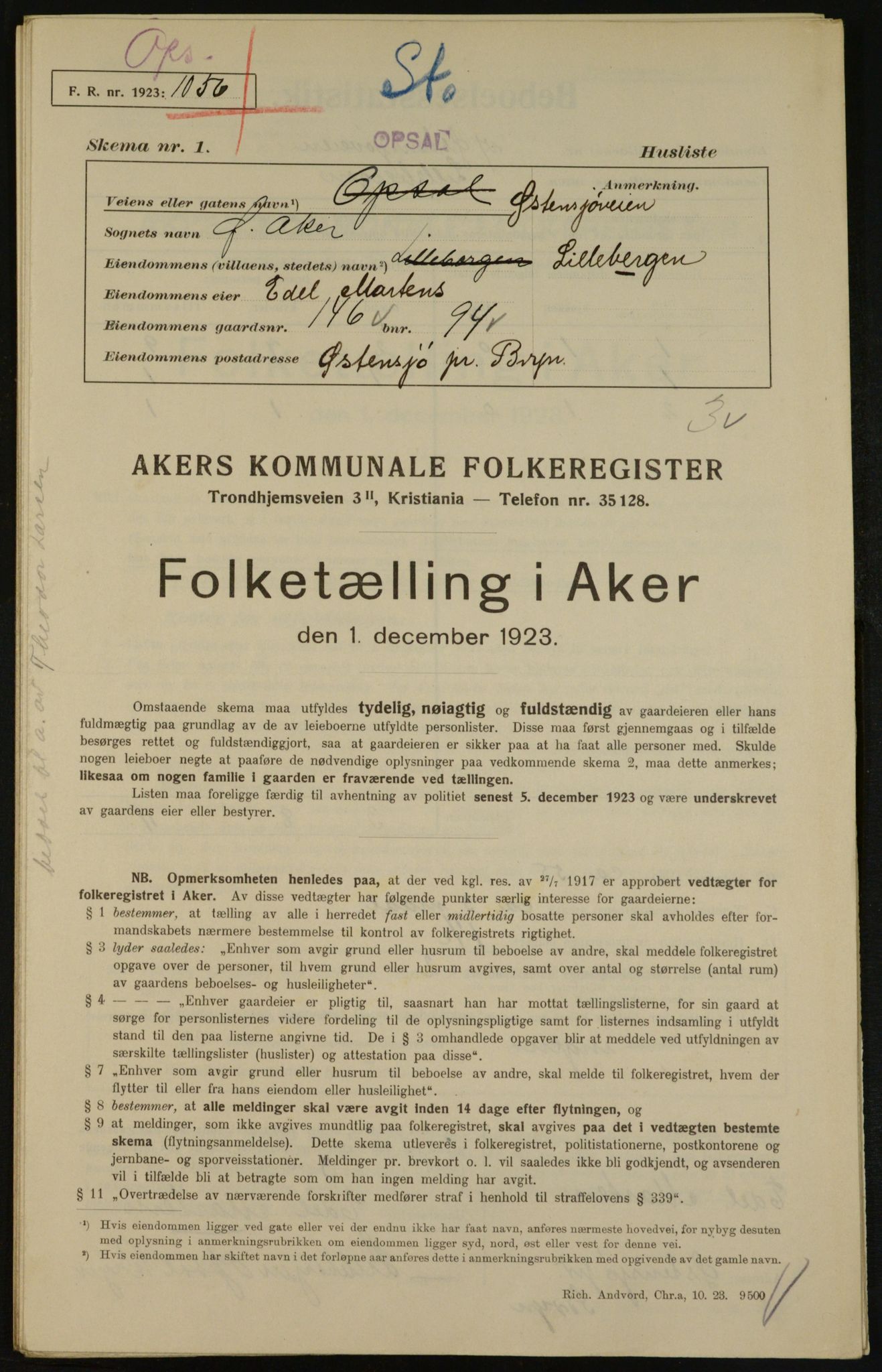 , Municipal Census 1923 for Aker, 1923, p. 29250