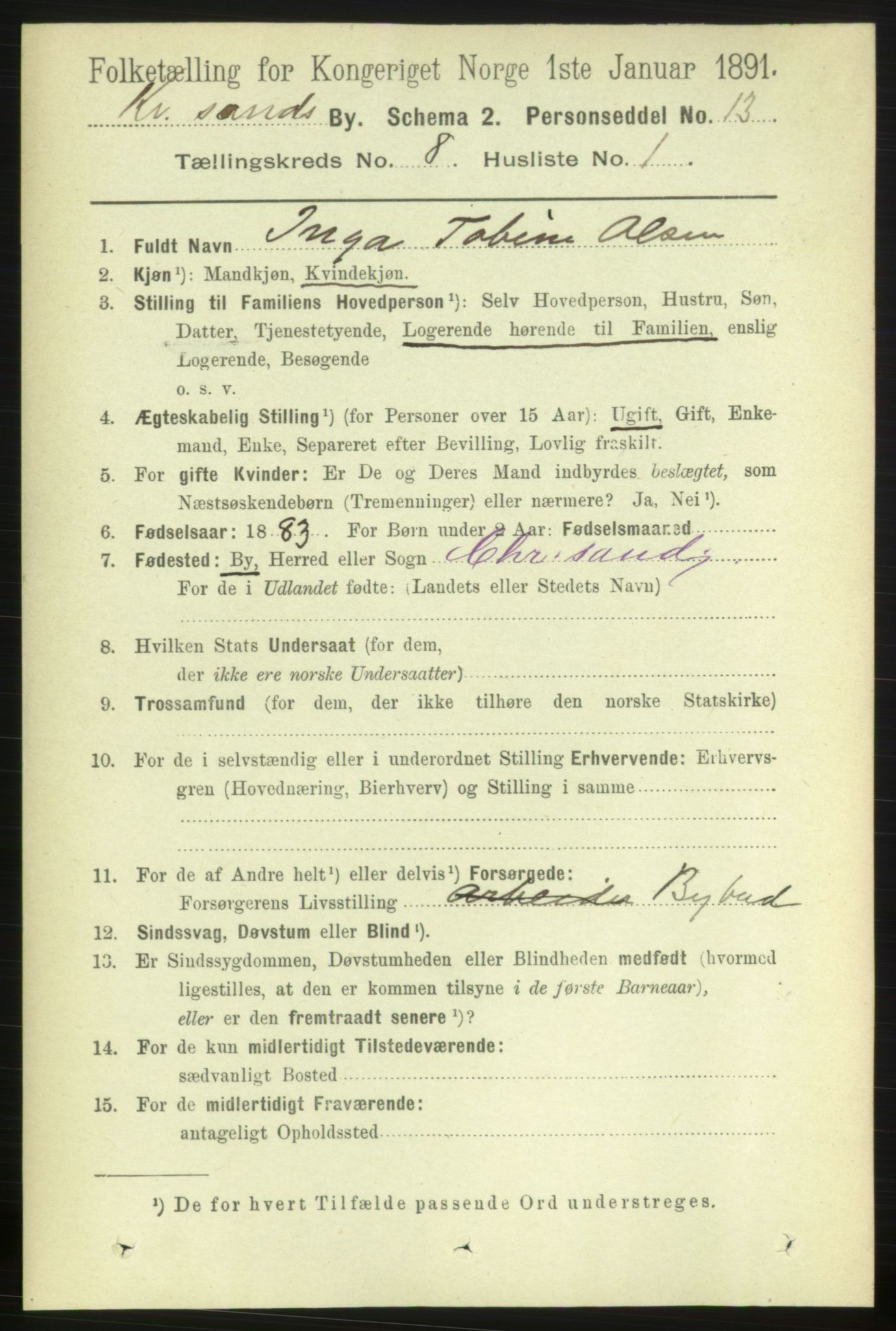 RA, 1891 census for 1001 Kristiansand, 1891, p. 4800
