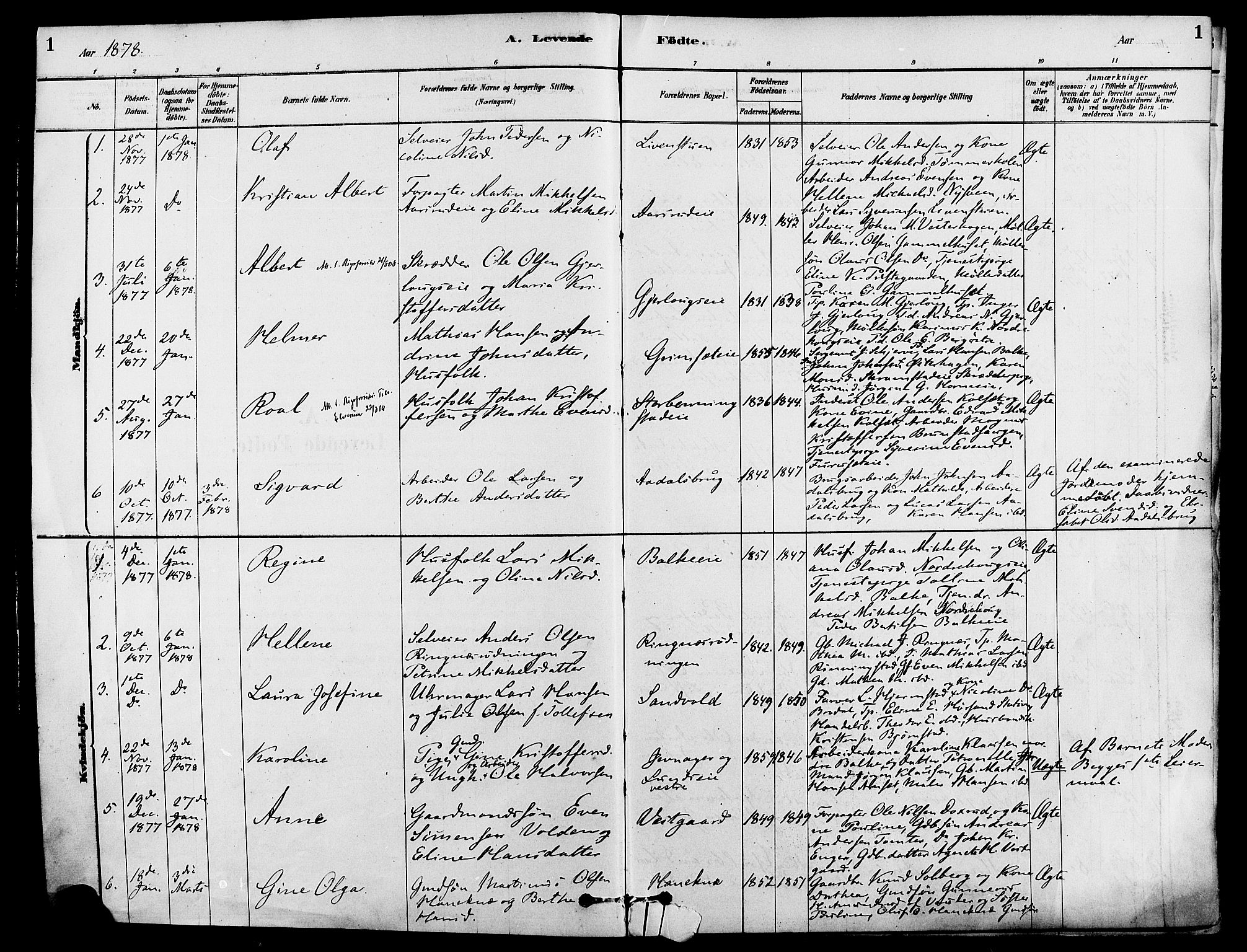 Løten prestekontor, AV/SAH-PREST-022/K/Ka/L0009: Parish register (official) no. 9, 1878-1891, p. 1