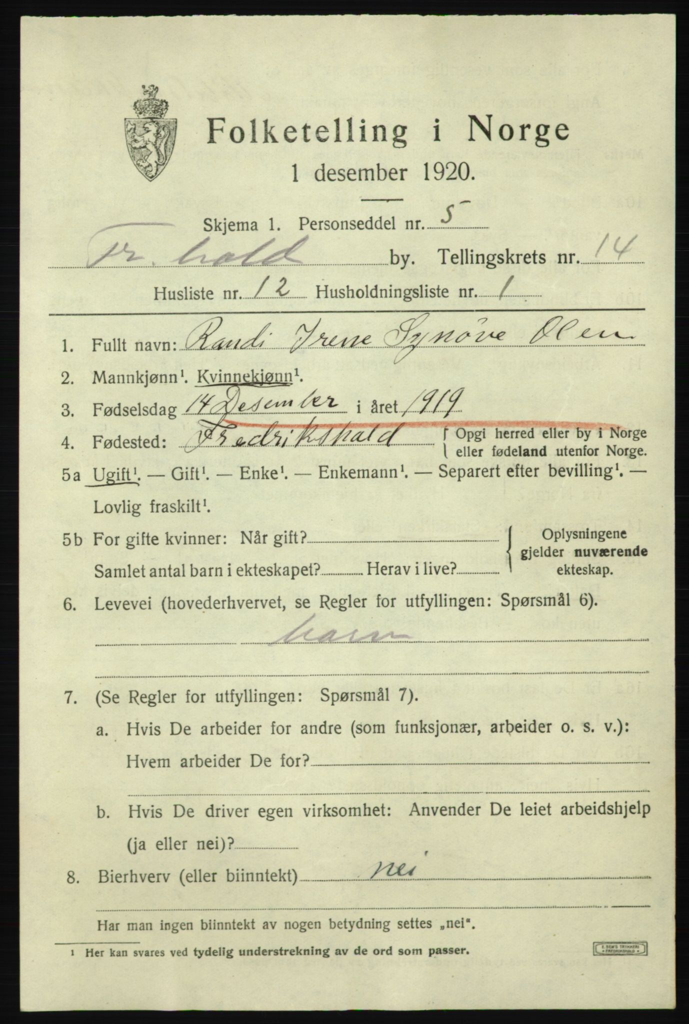 SAO, 1920 census for Fredrikshald, 1920, p. 22485