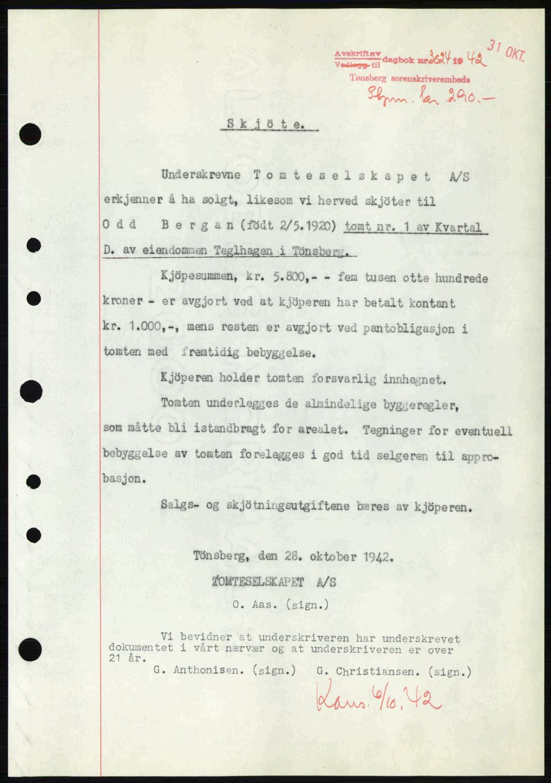 Tønsberg sorenskriveri, AV/SAKO-A-130/G/Ga/Gaa/L0012: Mortgage book no. A12, 1942-1943, Diary no: : 3024/1942