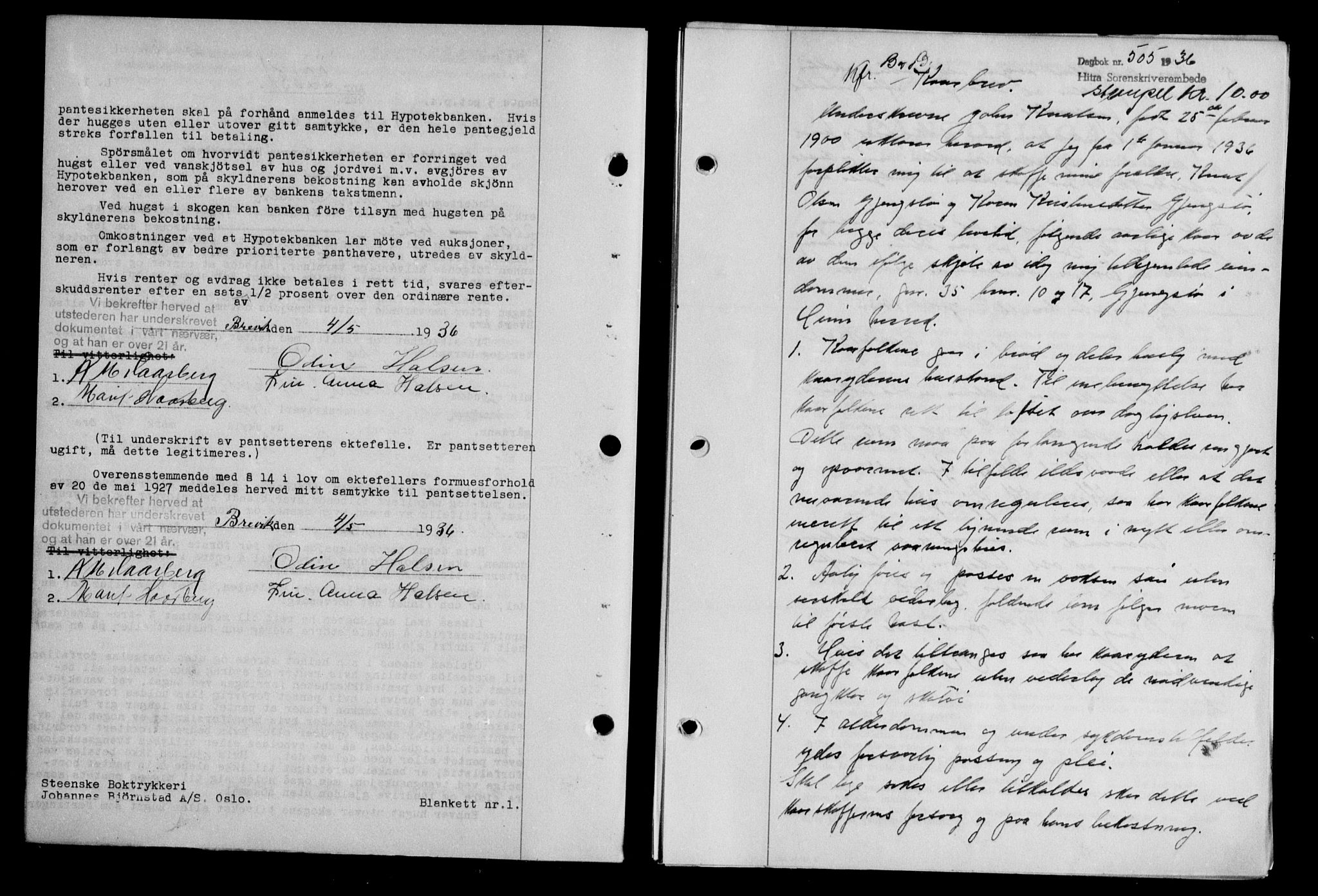 Hitra sorenskriveri, AV/SAT-A-0018/2/2C/2Ca/L0028: Mortgage book no. B-1, 1936-1939, Diary no: : 505/1936