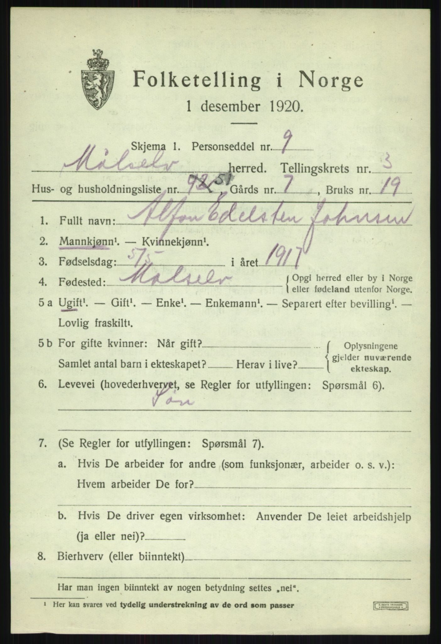 SATØ, 1920 census for Målselv, 1920, p. 2807