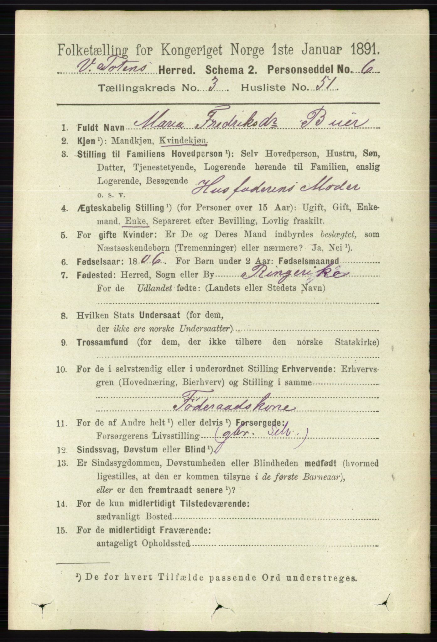 RA, 1891 census for 0529 Vestre Toten, 1891, p. 2257