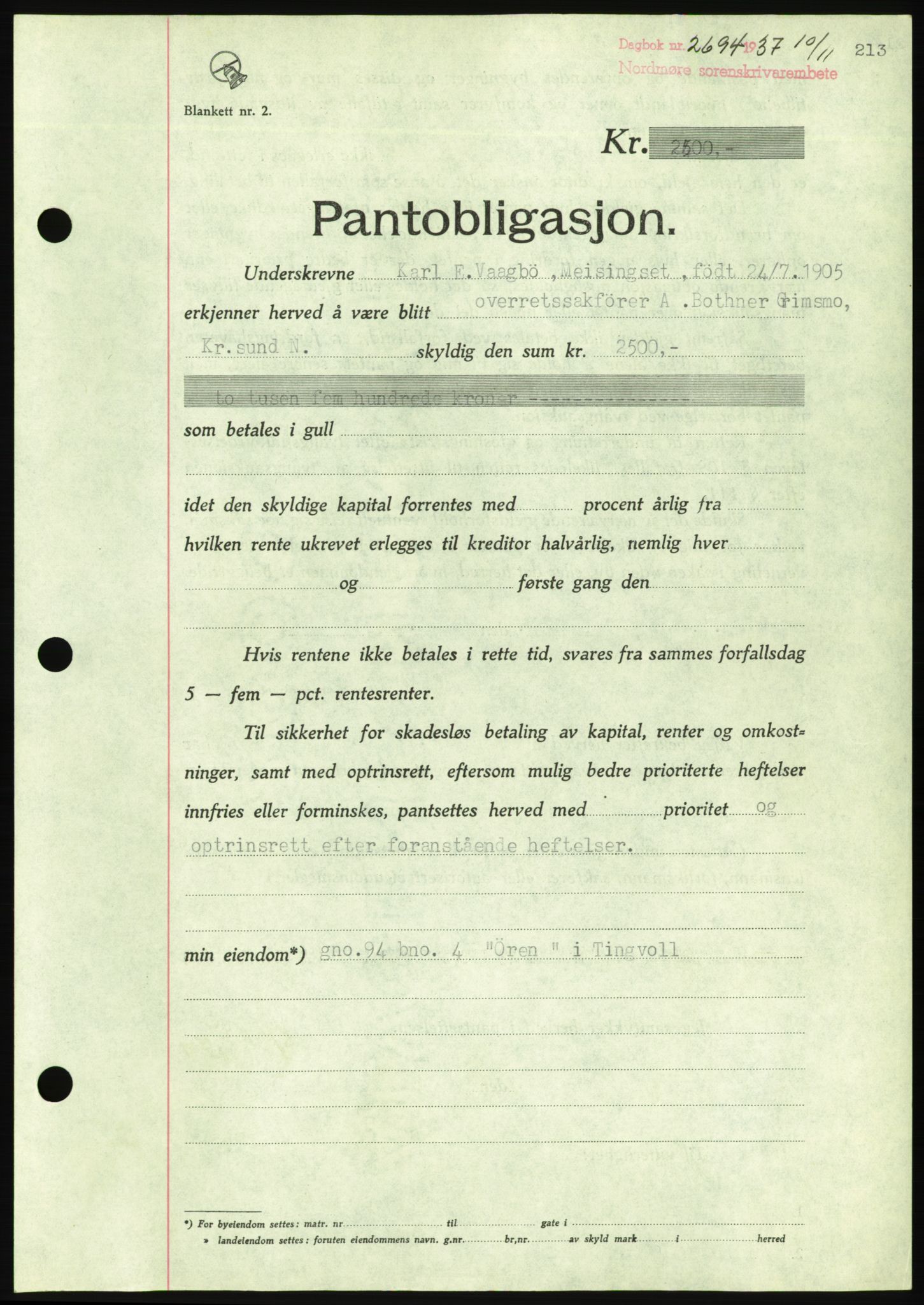 Nordmøre sorenskriveri, AV/SAT-A-4132/1/2/2Ca/L0092: Mortgage book no. B82, 1937-1938, Diary no: : 2694/1937