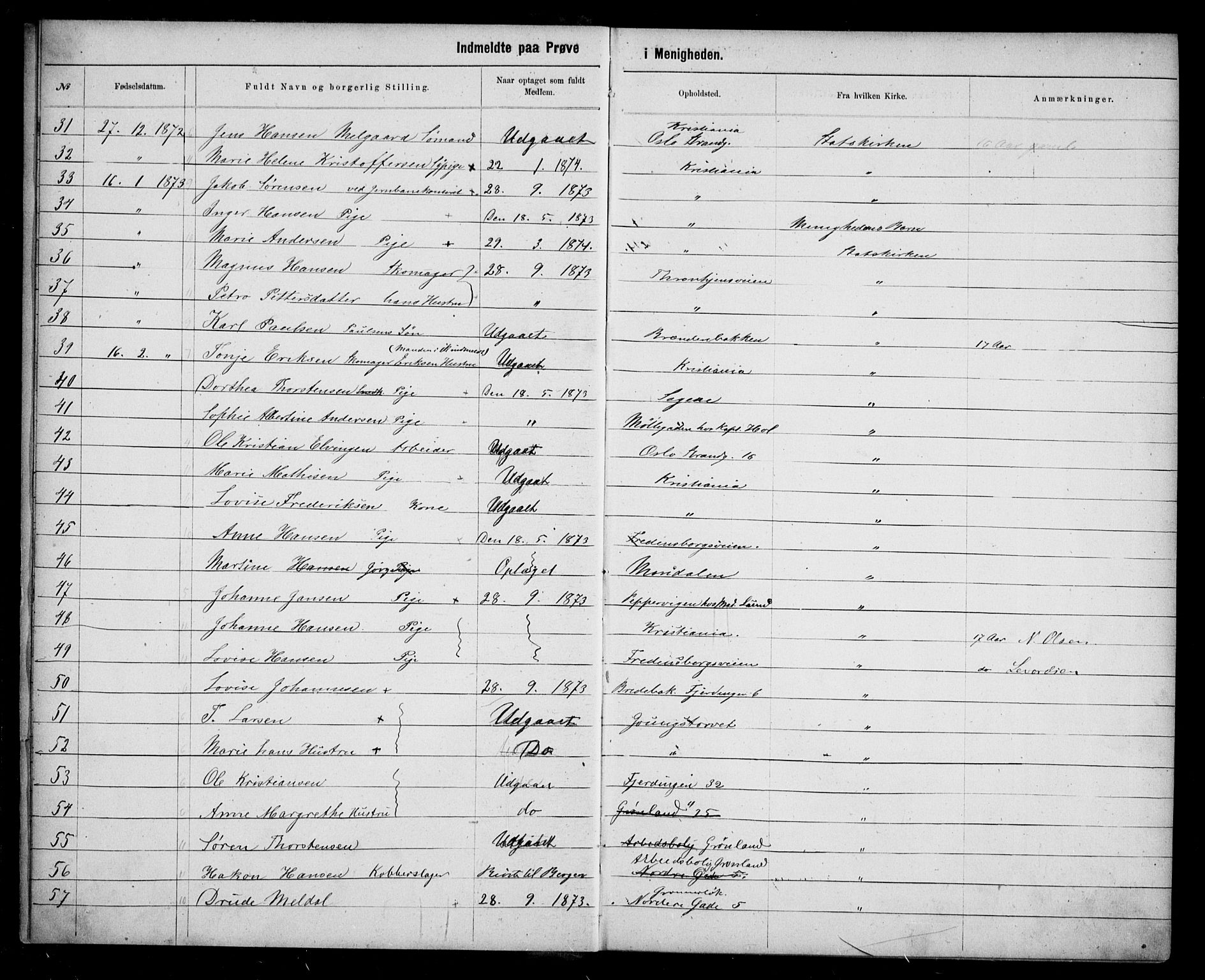 Første Metodistkirke Oslo -  menighetsprotokoller, SAO/PAO-0067/F/L0003: Dissenter register no. 3, 1872-1877