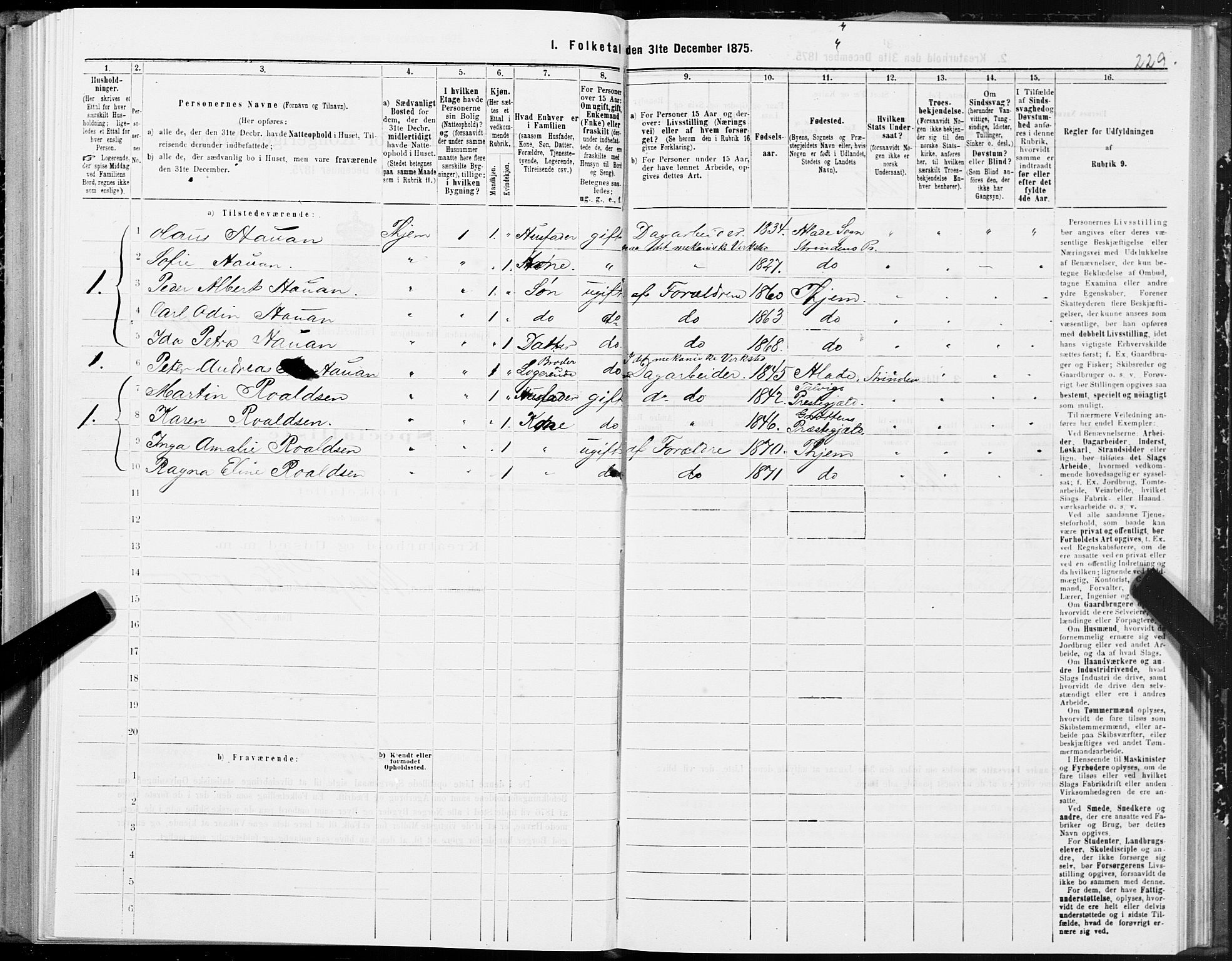 SAT, 1875 census for 1601 Trondheim, 1875, p. 10229