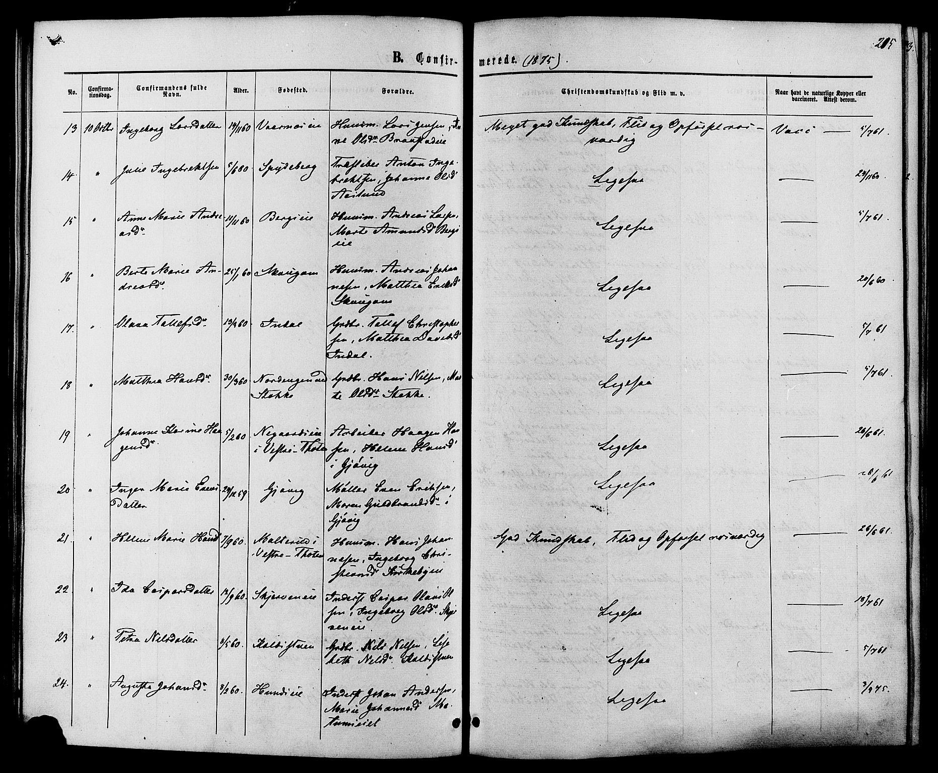 Vardal prestekontor, SAH/PREST-100/H/Ha/Haa/L0007: Parish register (official) no. 7, 1867-1878, p. 215