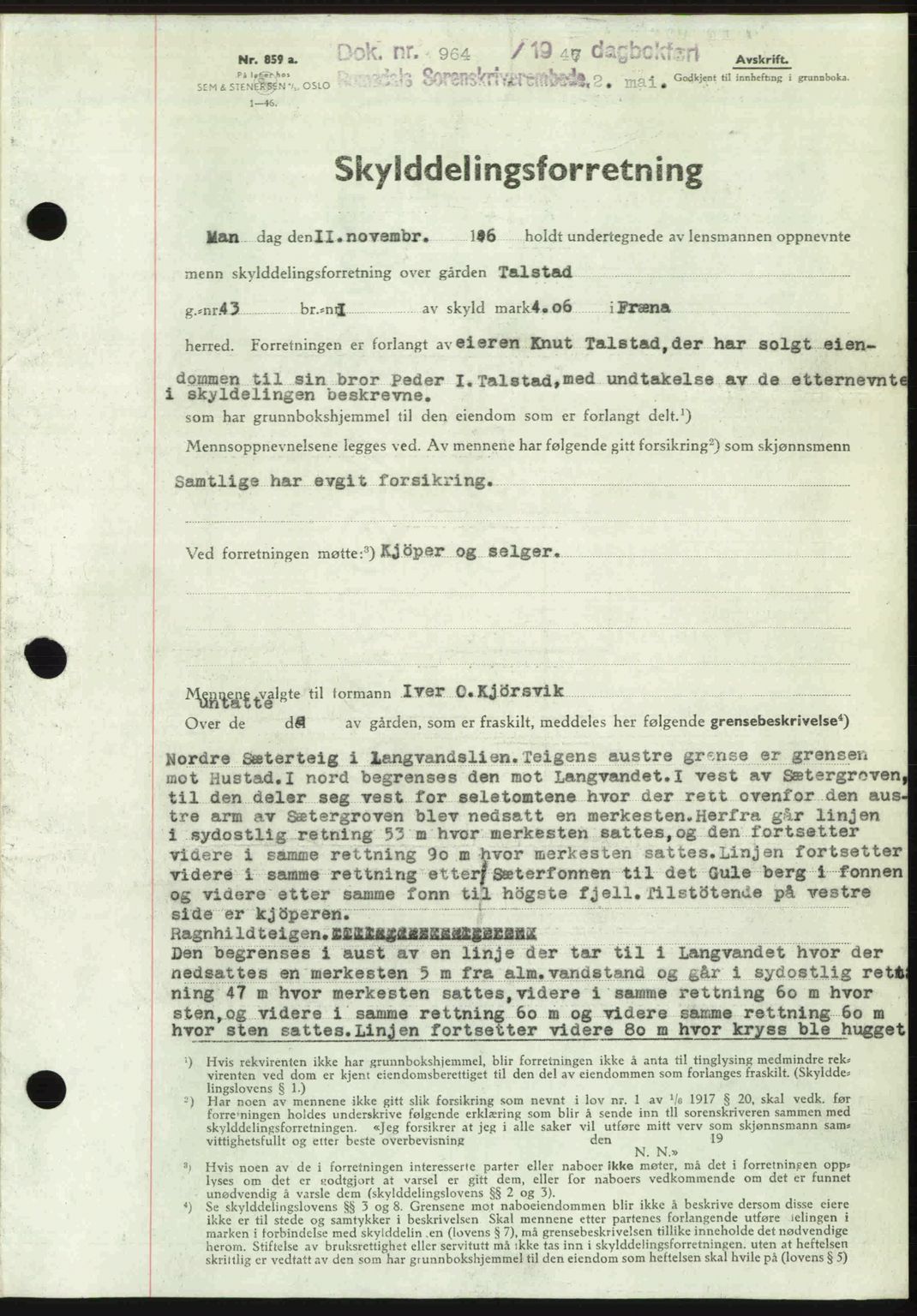 Romsdal sorenskriveri, SAT/A-4149/1/2/2C: Mortgage book no. A22, 1947-1947, Diary no: : 964/1947