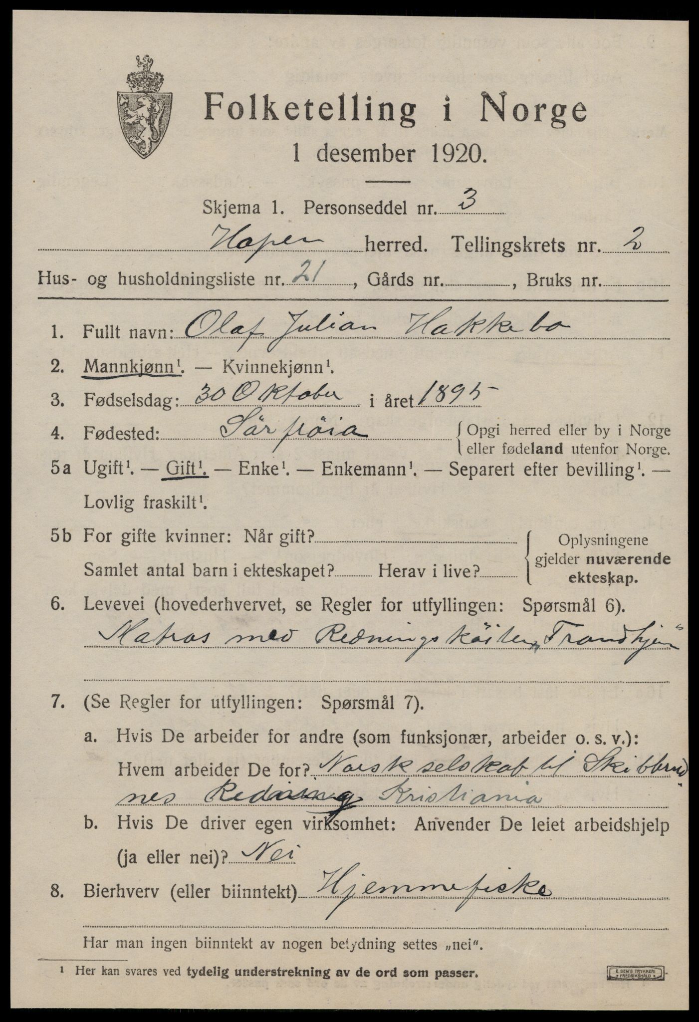 SAT, 1920 census for Hopen, 1920, p. 1494