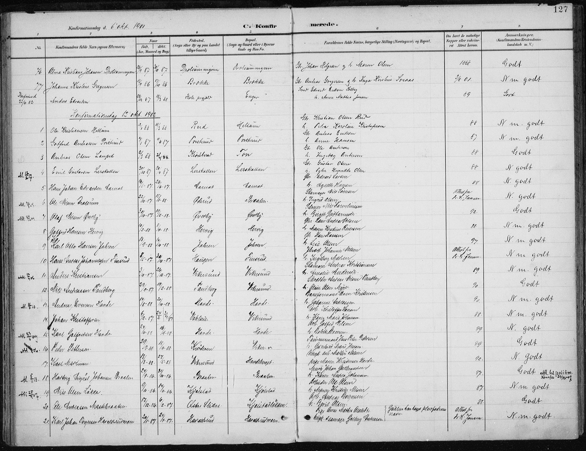 Modum kirkebøker, AV/SAKO-A-234/F/Fa/L0013: Parish register (official) no. 13, 1899-1907, p. 127