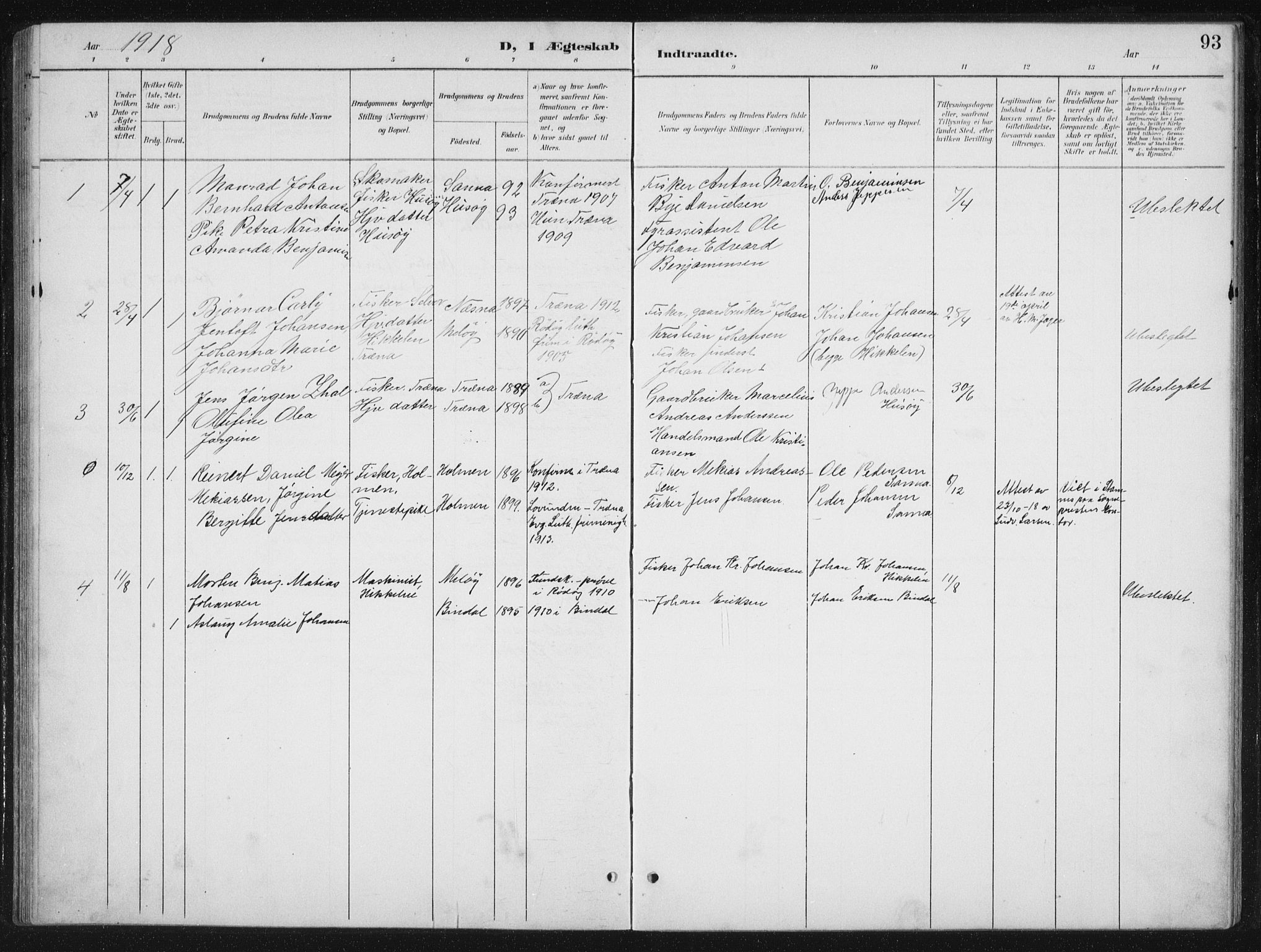 Ministerialprotokoller, klokkerbøker og fødselsregistre - Nordland, SAT/A-1459/840/L0583: Parish register (copy) no. 840C03, 1901-1933, p. 93