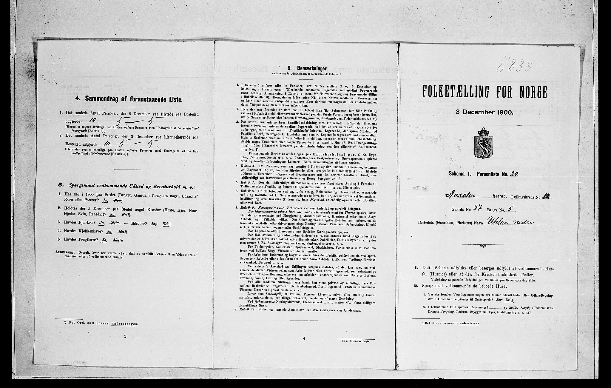 RA, 1900 census for Ådal, 1900, p. 873