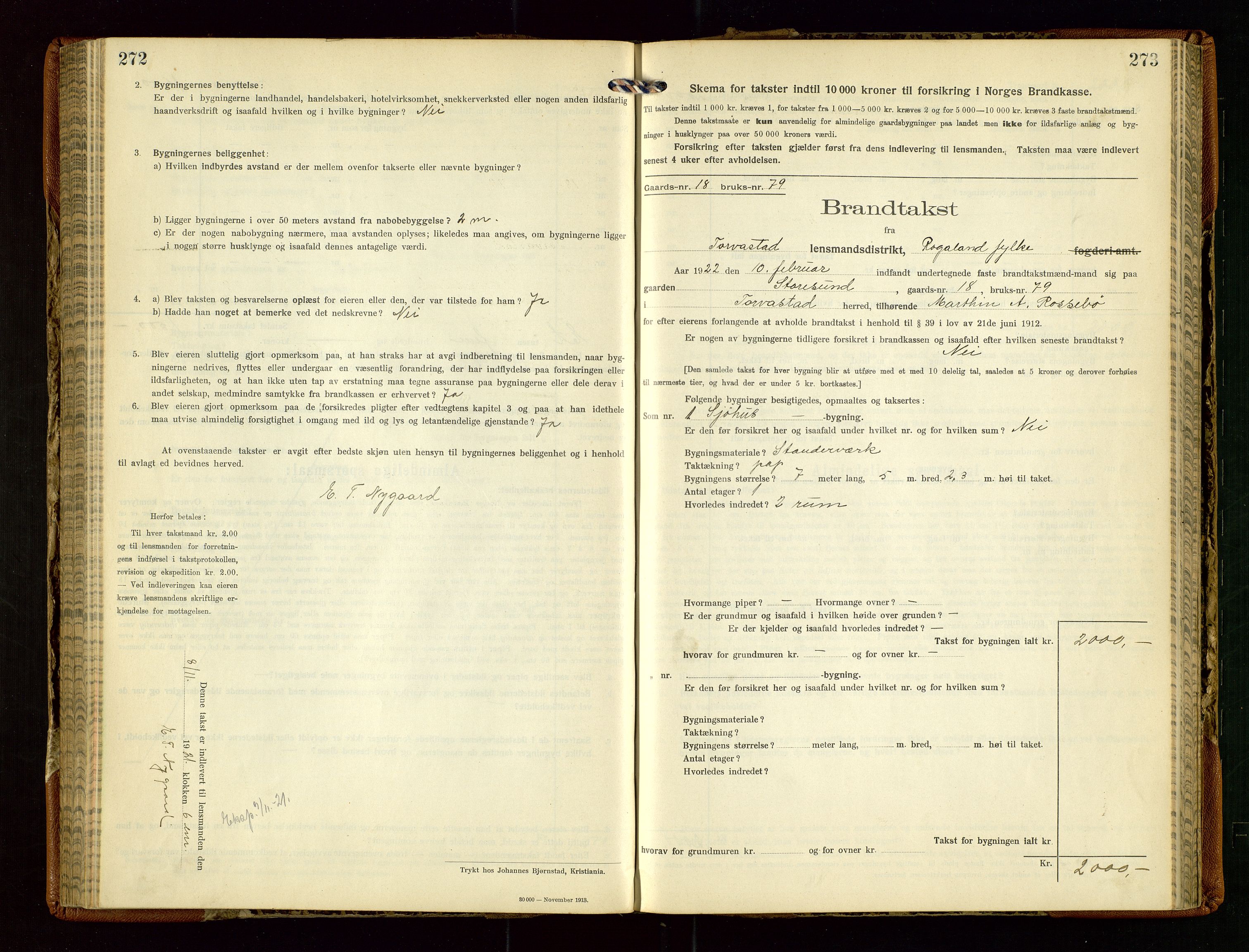 Torvestad lensmannskontor, SAST/A-100307/1/Gob/L0005: "Brandtaxationsprotokol for Torvestad Lensmannsdistrikt", 1915-1928, p. 272-273