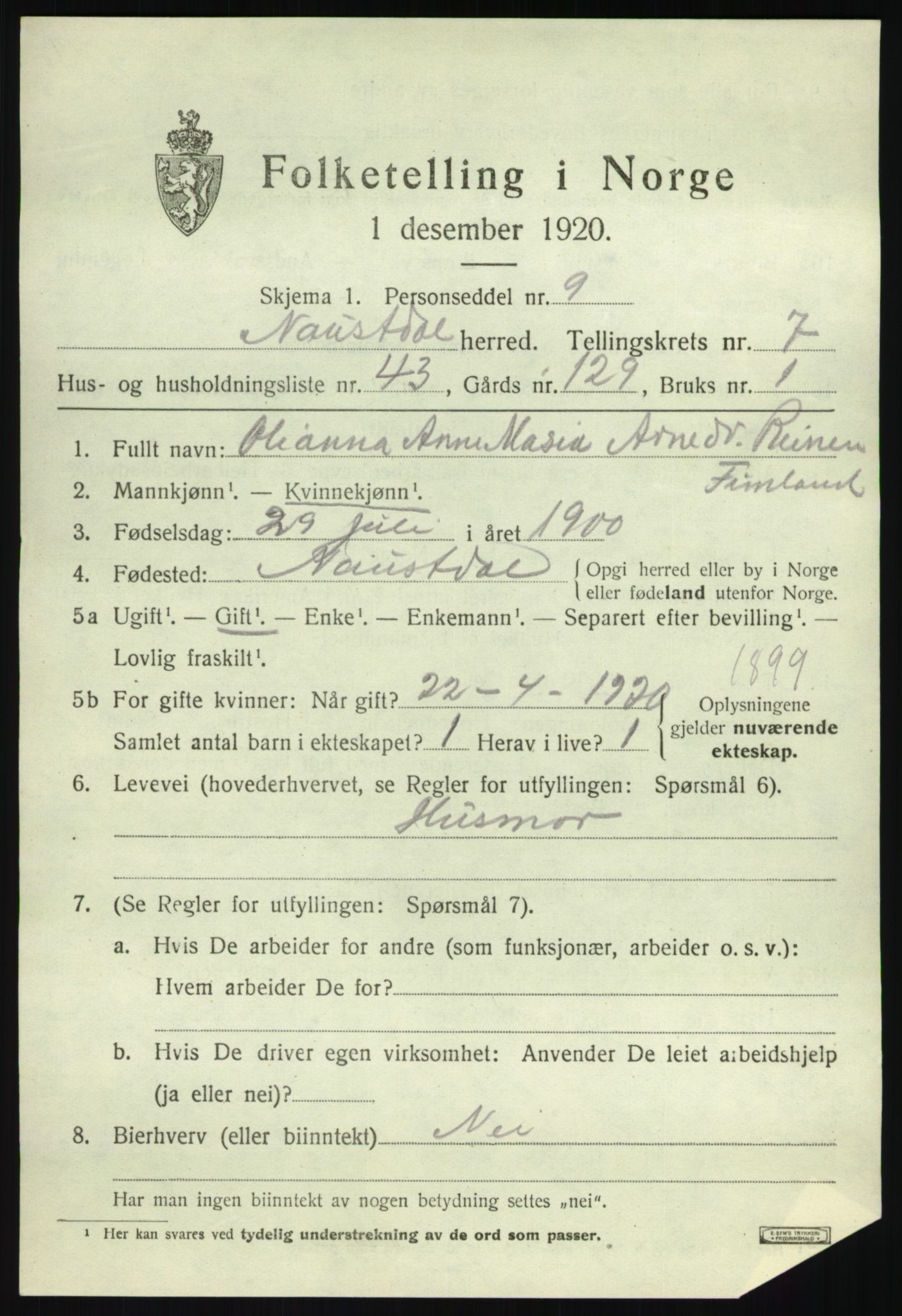 SAB, 1920 census for Naustdal, 1920, p. 4679