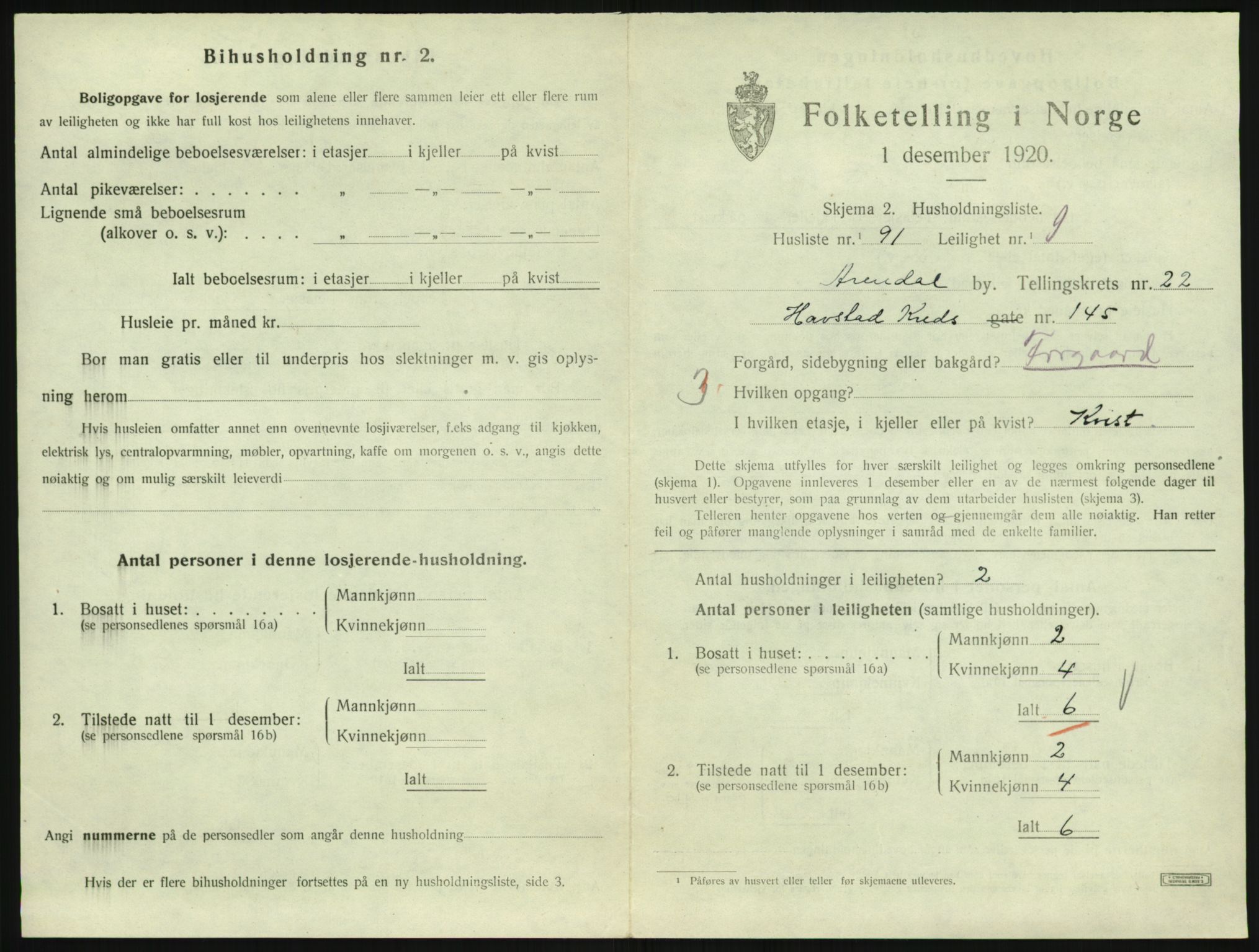 SAK, 1920 census for Arendal, 1920, p. 8810