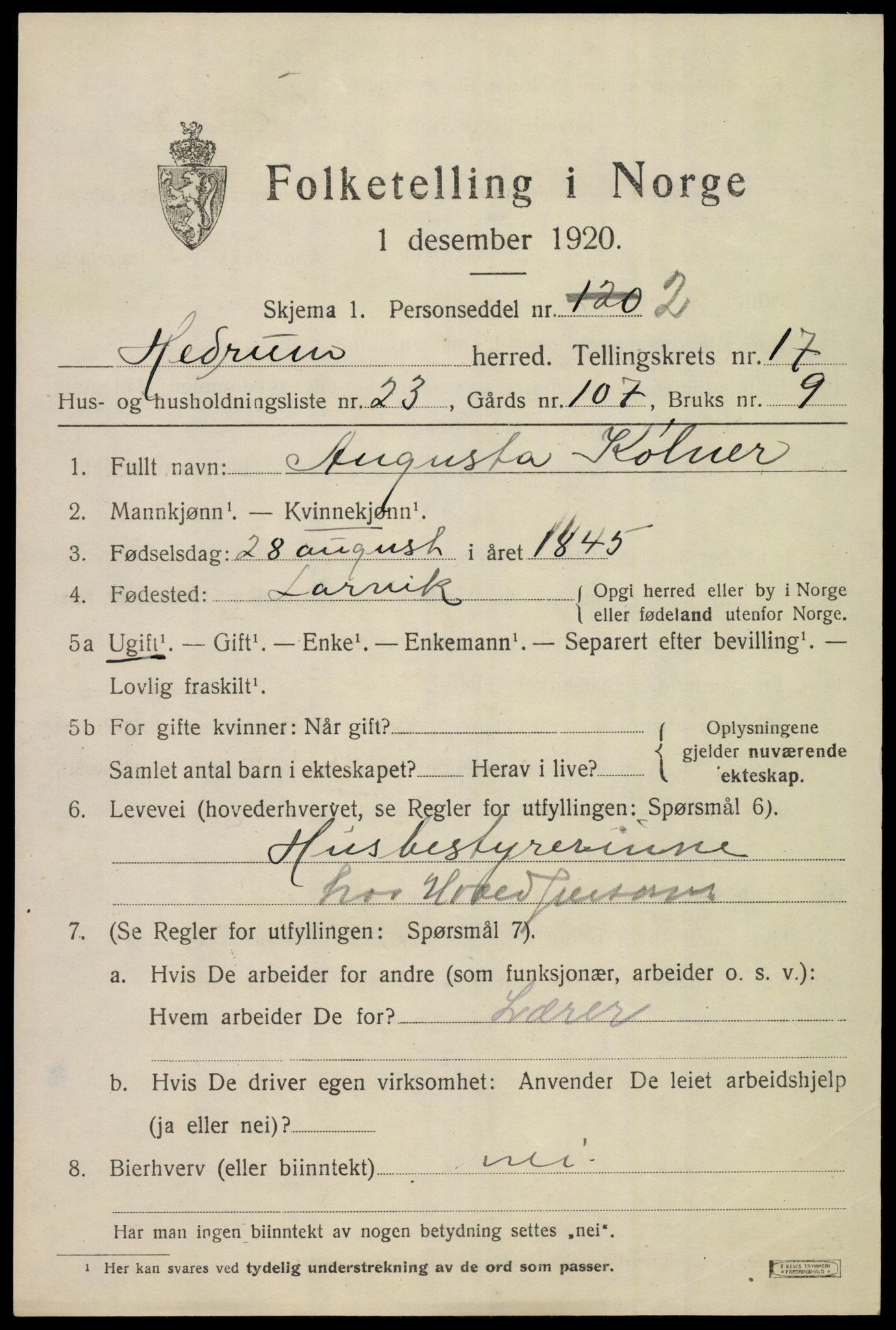 SAKO, 1920 census for Hedrum, 1920, p. 10795