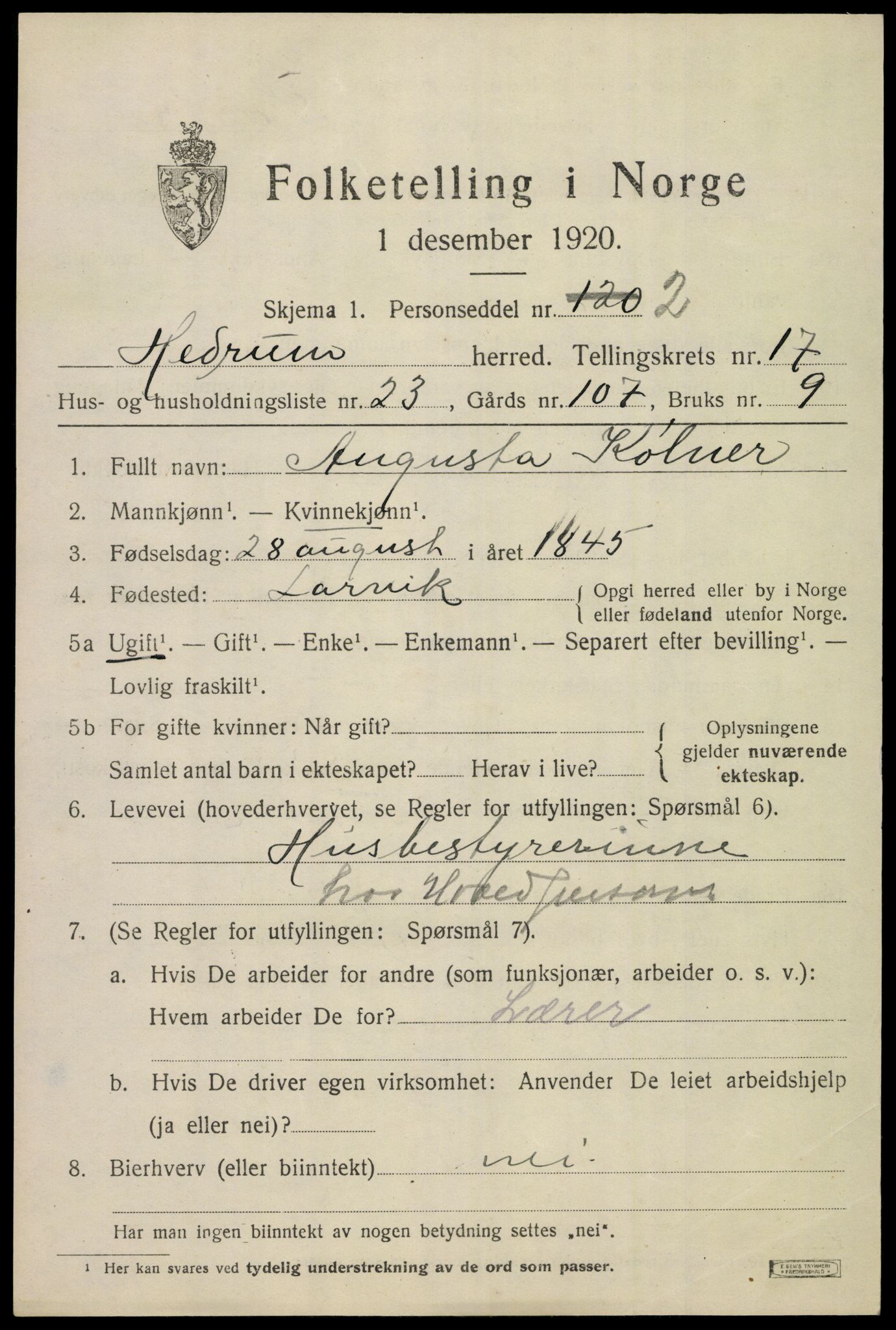 SAKO, 1920 census for Hedrum, 1920, p. 10795