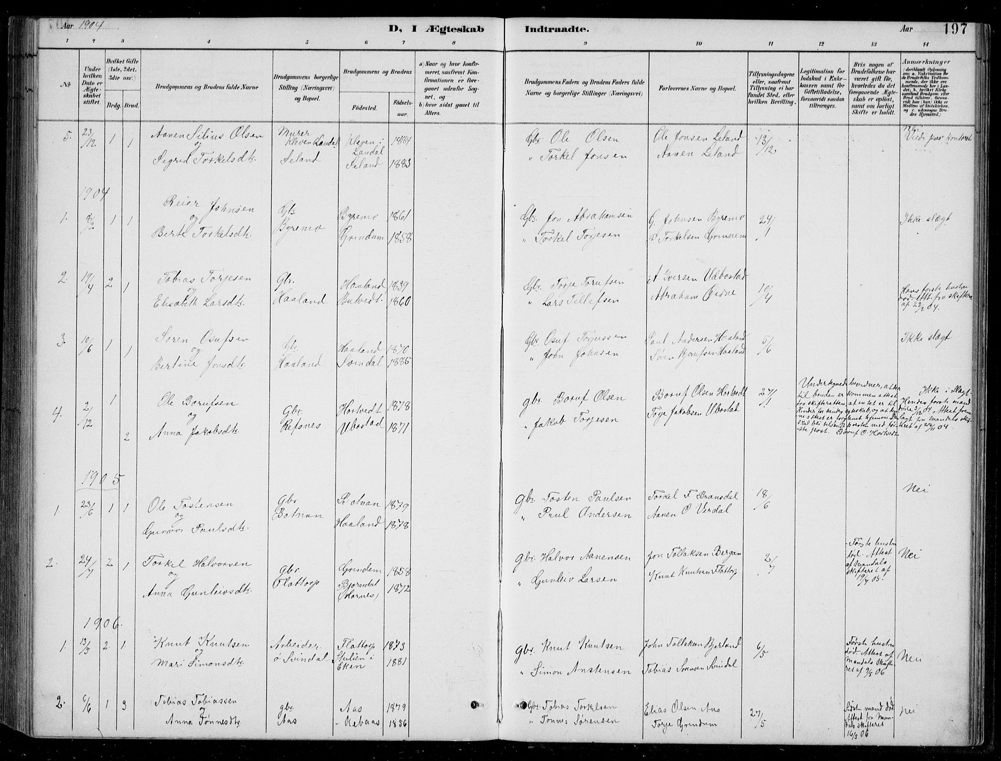 Bjelland sokneprestkontor, SAK/1111-0005/F/Fb/Fbc/L0003: Parish register (copy) no. B 3, 1887-1924, p. 197