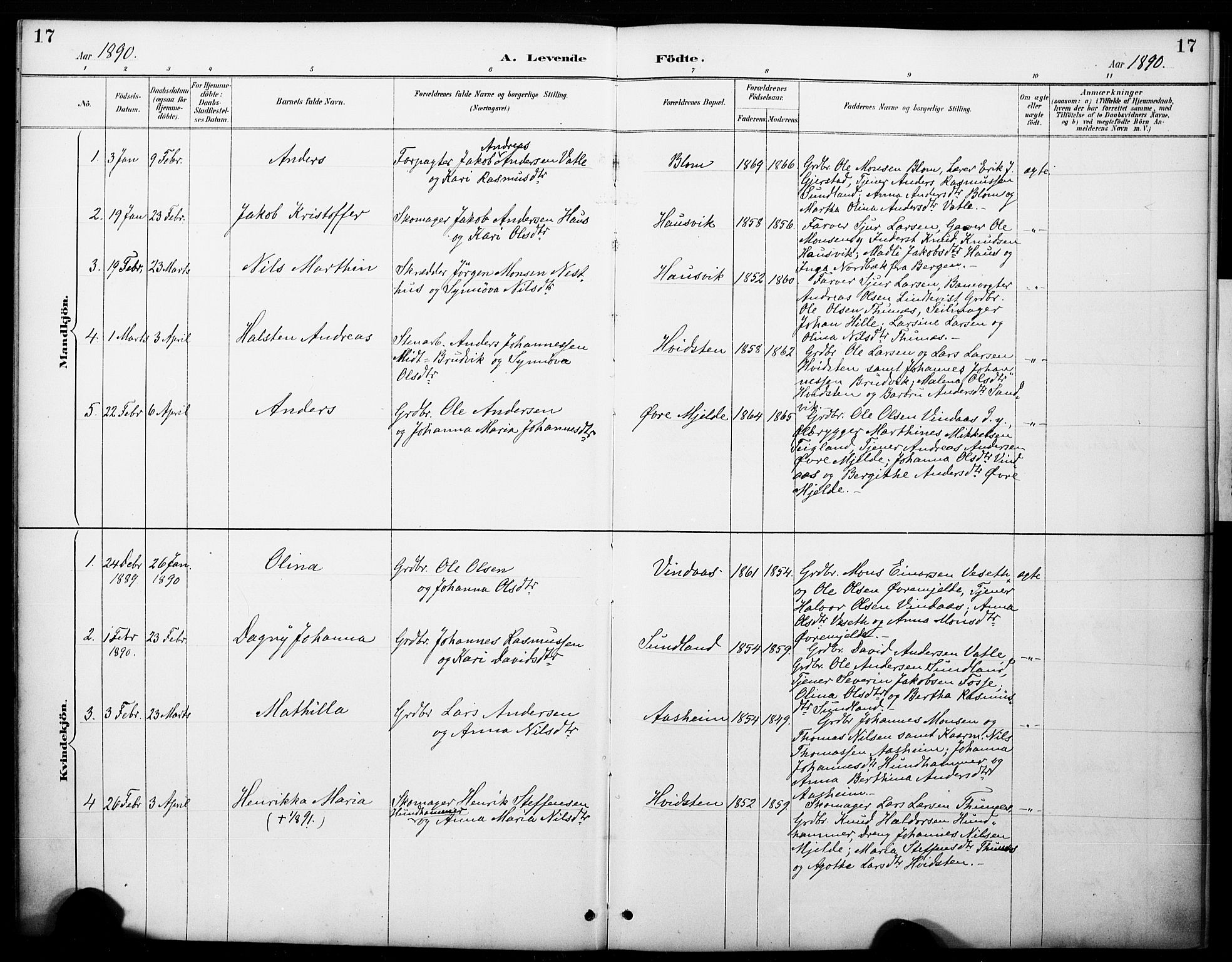 Haus sokneprestembete, AV/SAB-A-75601/H/Haa: Parish register (official) no. B 1, 1887-1898, p. 17