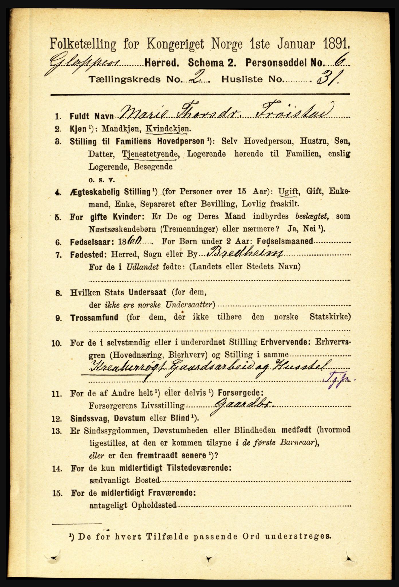 RA, 1891 census for 1445 Gloppen, 1891, p. 824