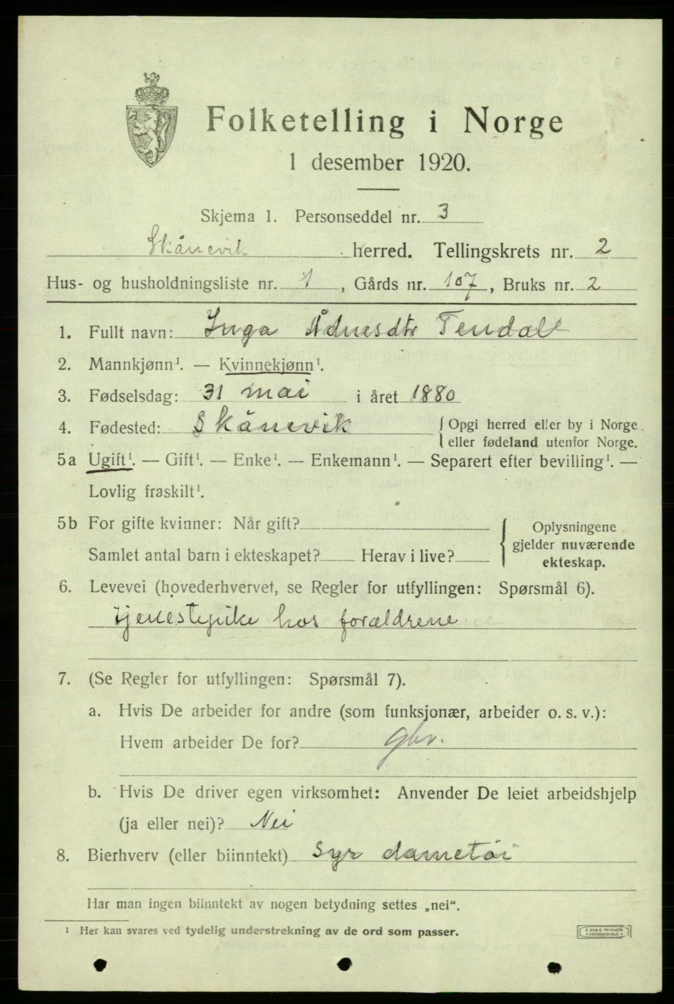 SAB, 1920 census for Skånevik, 1920, p. 2475