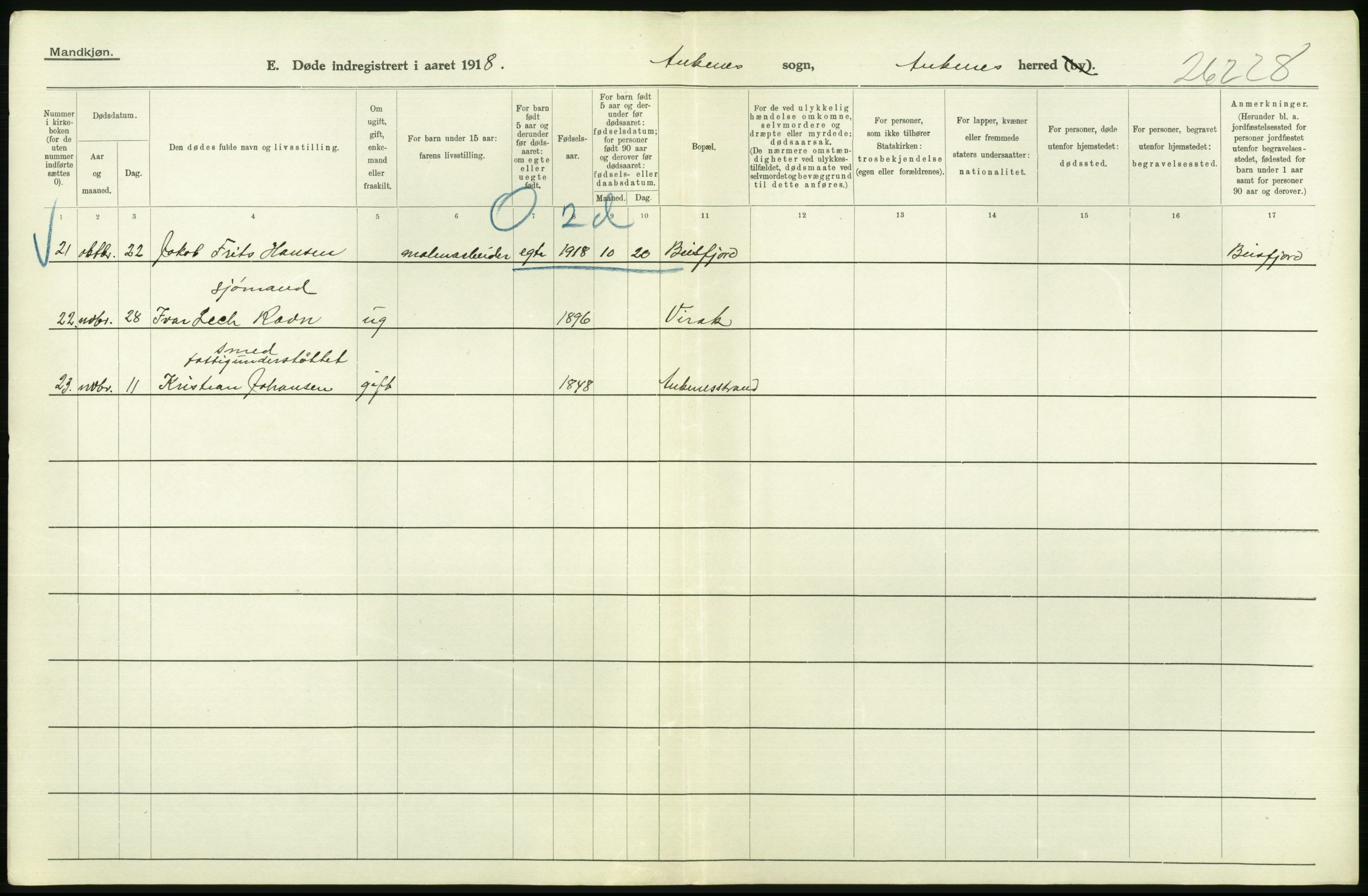 Statistisk sentralbyrå, Sosiodemografiske emner, Befolkning, RA/S-2228/D/Df/Dfb/Dfbh/L0055: Nordland fylke: Døde. Bygder og byer., 1918, p. 374