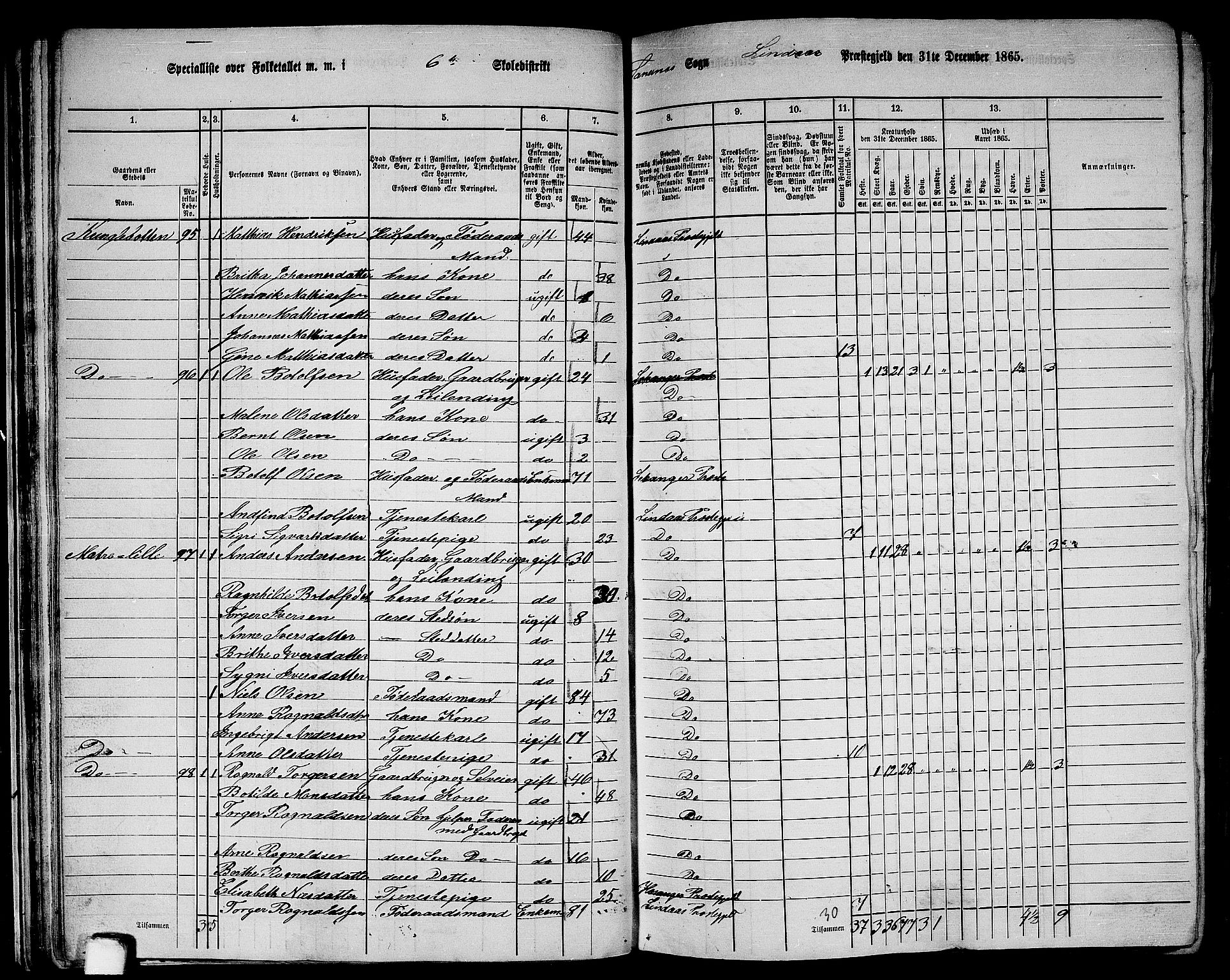 RA, 1865 census for Lindås, 1865, p. 53