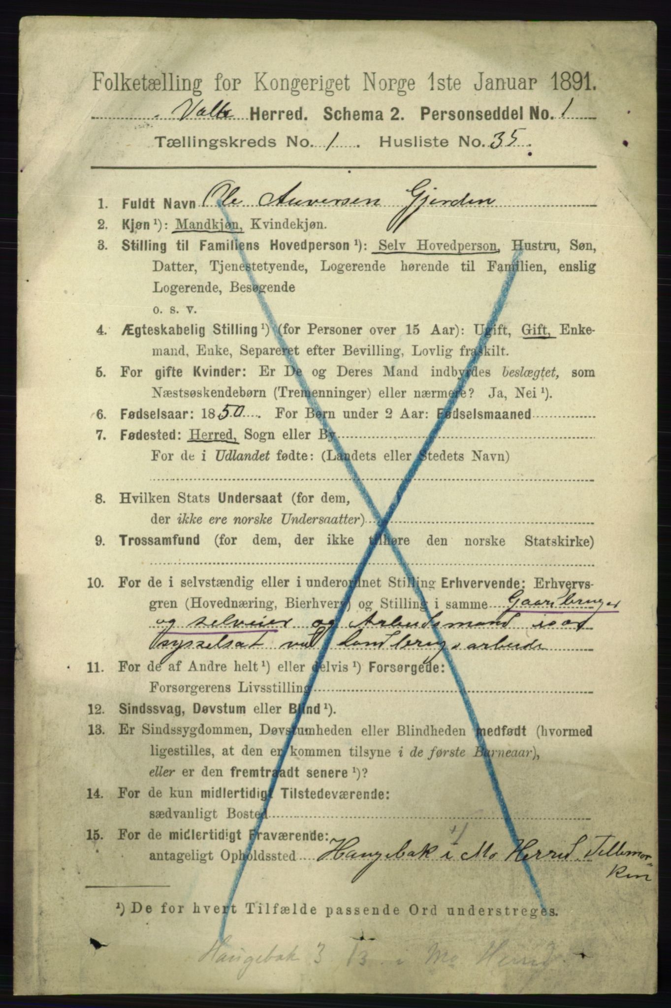 RA, 1891 census for 0940 Valle, 1891, p. 314