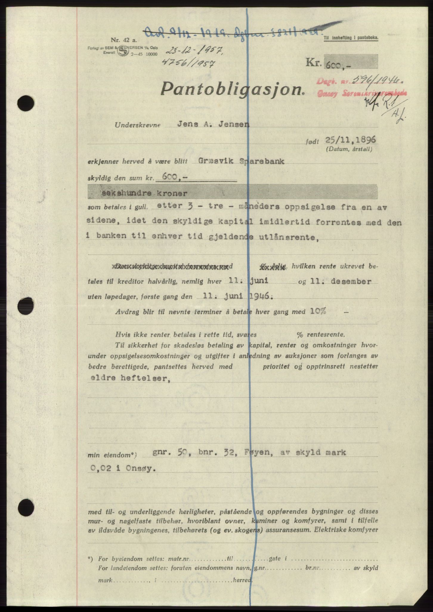 Onsøy sorenskriveri, SAO/A-10474/G/Ga/Gac/L0004: Mortgage book no. B4, 1944-1946, Diary no: : 596/1946