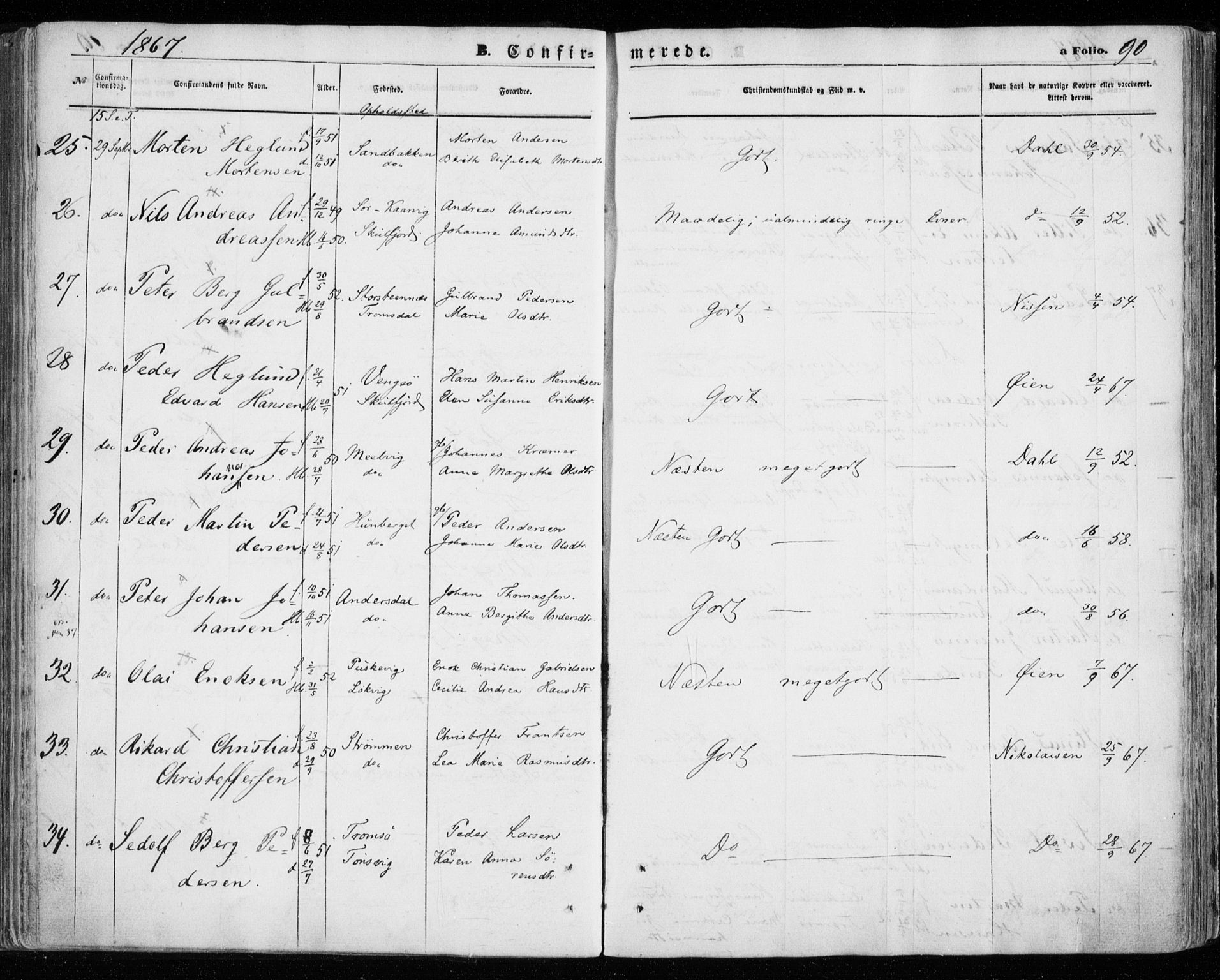 Tromsøysund sokneprestkontor, AV/SATØ-S-1304/G/Ga/L0002kirke: Parish register (official) no. 2, 1867-1875, p. 90